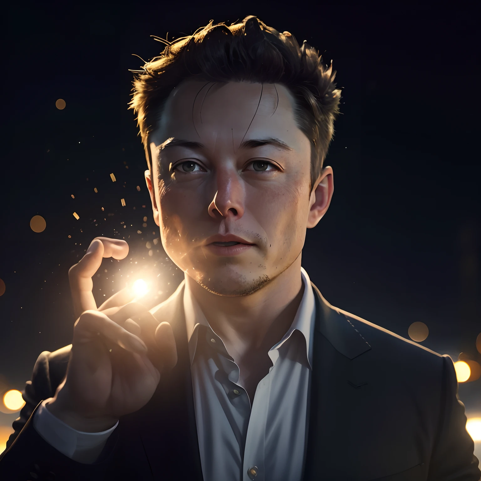 Award-winning portrait photo of Elon Musk's upper body holding money in hand eyes looking up (bokeh: 0.7), side lighting, telephoto, moonlight, torches, sandy atmosphere, street night exterior, realistic details and real skin texture --auto