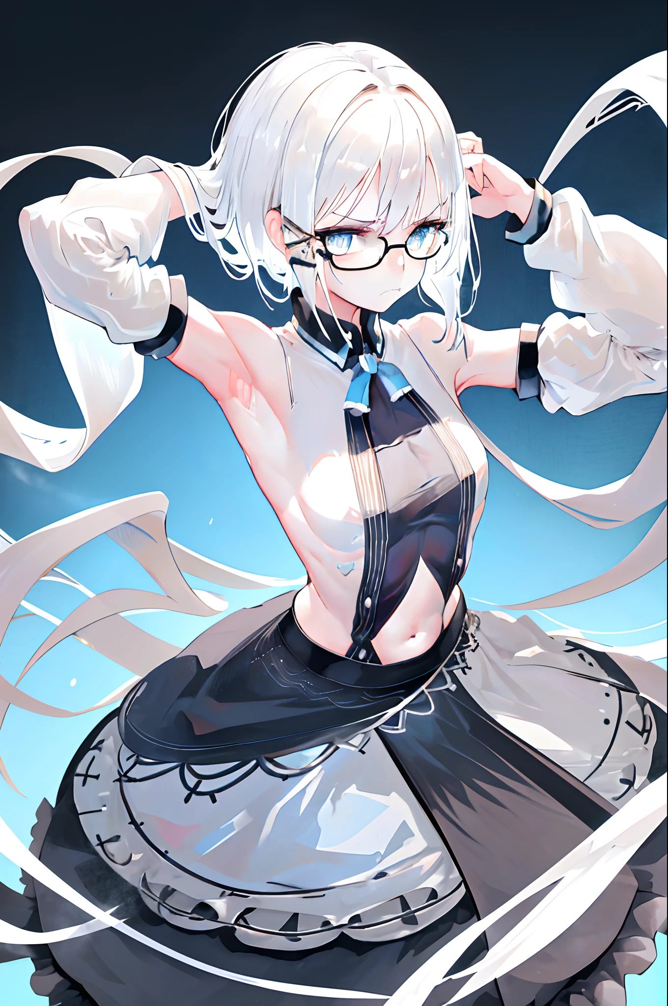 1girl white hair blue eyes x hair ornament, (sleeveless), (detached sleeves), black-framed eyewear, Navel (presenting armpit), arms behind head, hands behind head, arms raised, hands in pockets, standing, (simple background), (upper body), (disgust, annoyed),(nude), (from above), 1girl, spread armpit, steam, sitting,