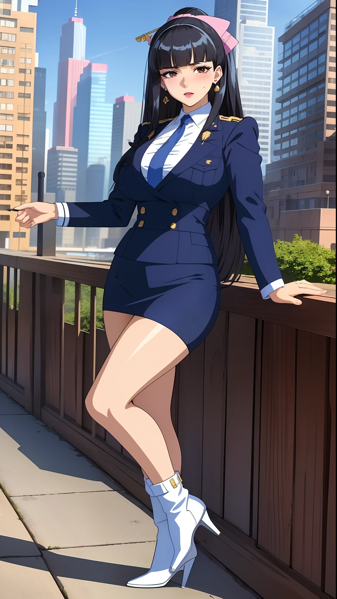 (masterpiece, highres, best quality:1.3), 8K, highly detailed, intricate, colorful, vibrant image, sharp focus, hentai, 4K,
Agatha, 1girl, battle stance, confident look, kicking, sunny weather, (blush:1.1), blue sky, skyscrapers, full body shot,
black hair, long hair, blunt bangs, hair ornament, hair stick, bow, lipstick, makeup, eyeshadow, ultra detailed hair, detailed face, brown eyes, complex realistic perfect eyes, perfect face, earrings, jewelry,
uniform, pencil skirt, necktie, panties, white boots,
(mature female, 30yo:1.1), milf, breasts,