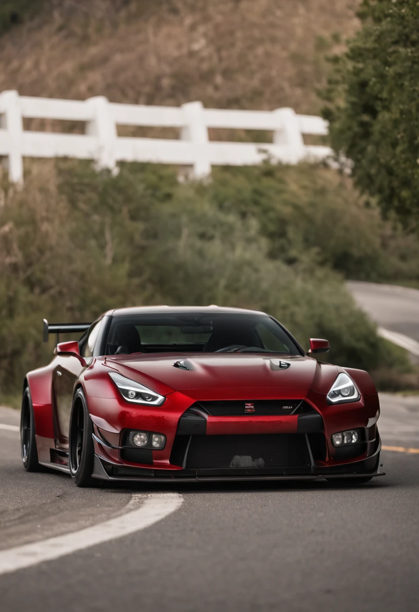 Capture the GTR Liberty Walk in motion on a scenic road, Showing the integration between the car and the environment.