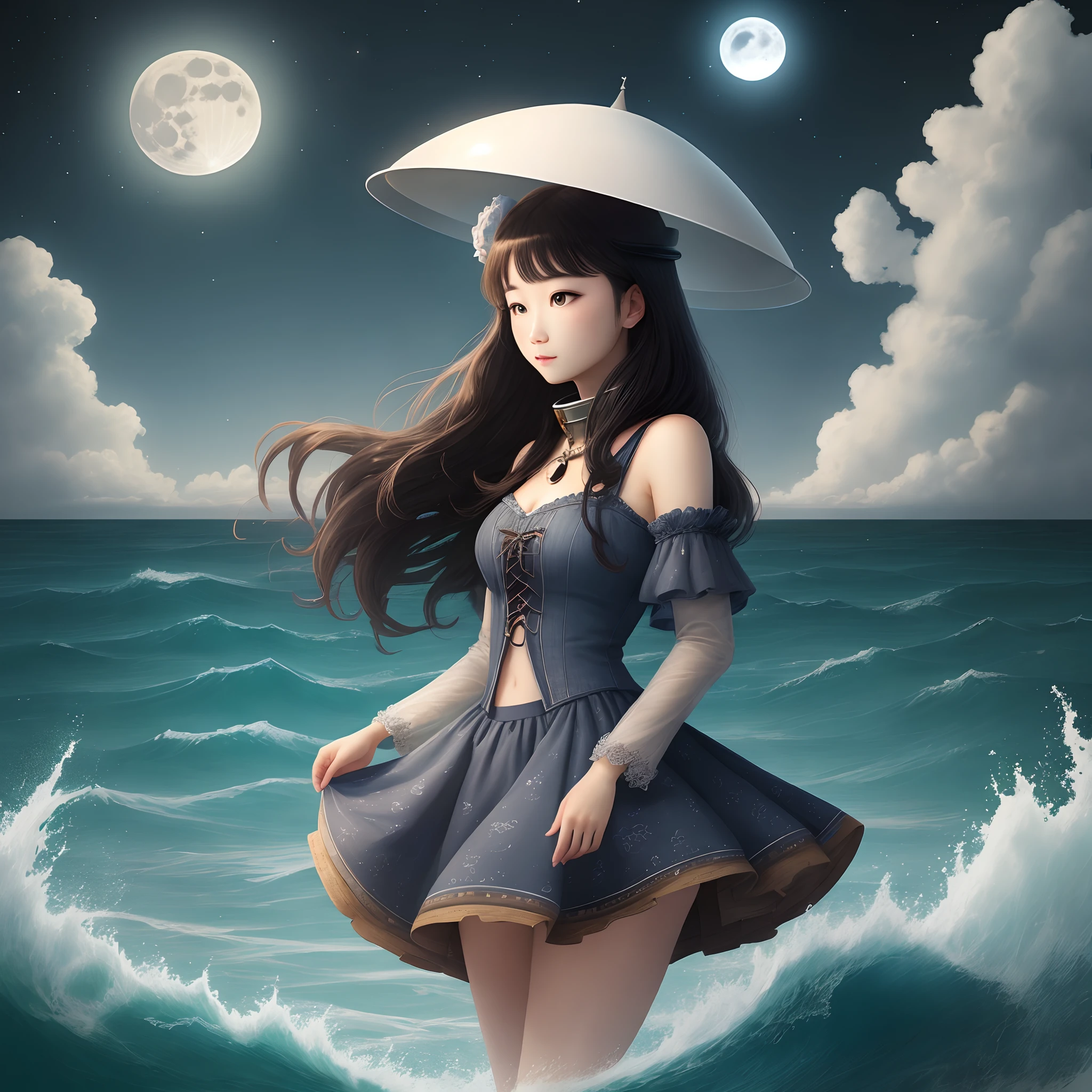 The sea rises and the moon rises，UFO，Beautiful and enchanting girl，