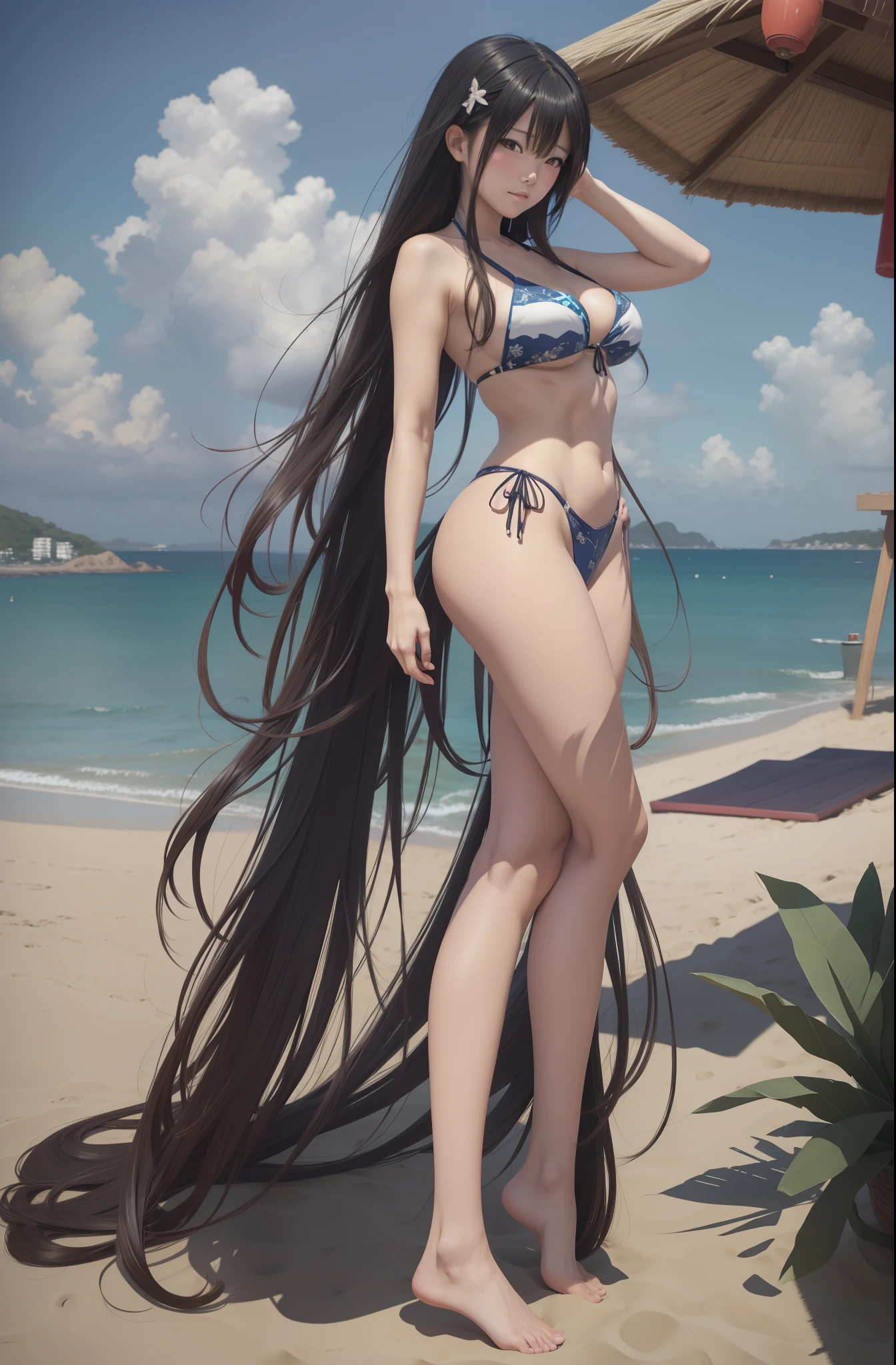 Bikini anime girl posing on balcony，Sea view, seductive anime girls, beautiful and seductive anime woman, Japanese goddess, thicc, in beach, commission for high resolution, Voluptious body, Extremely detailed Artgerm, Anime goddess, realistic shadow perfect body, On a sunny beach, on  the  beach