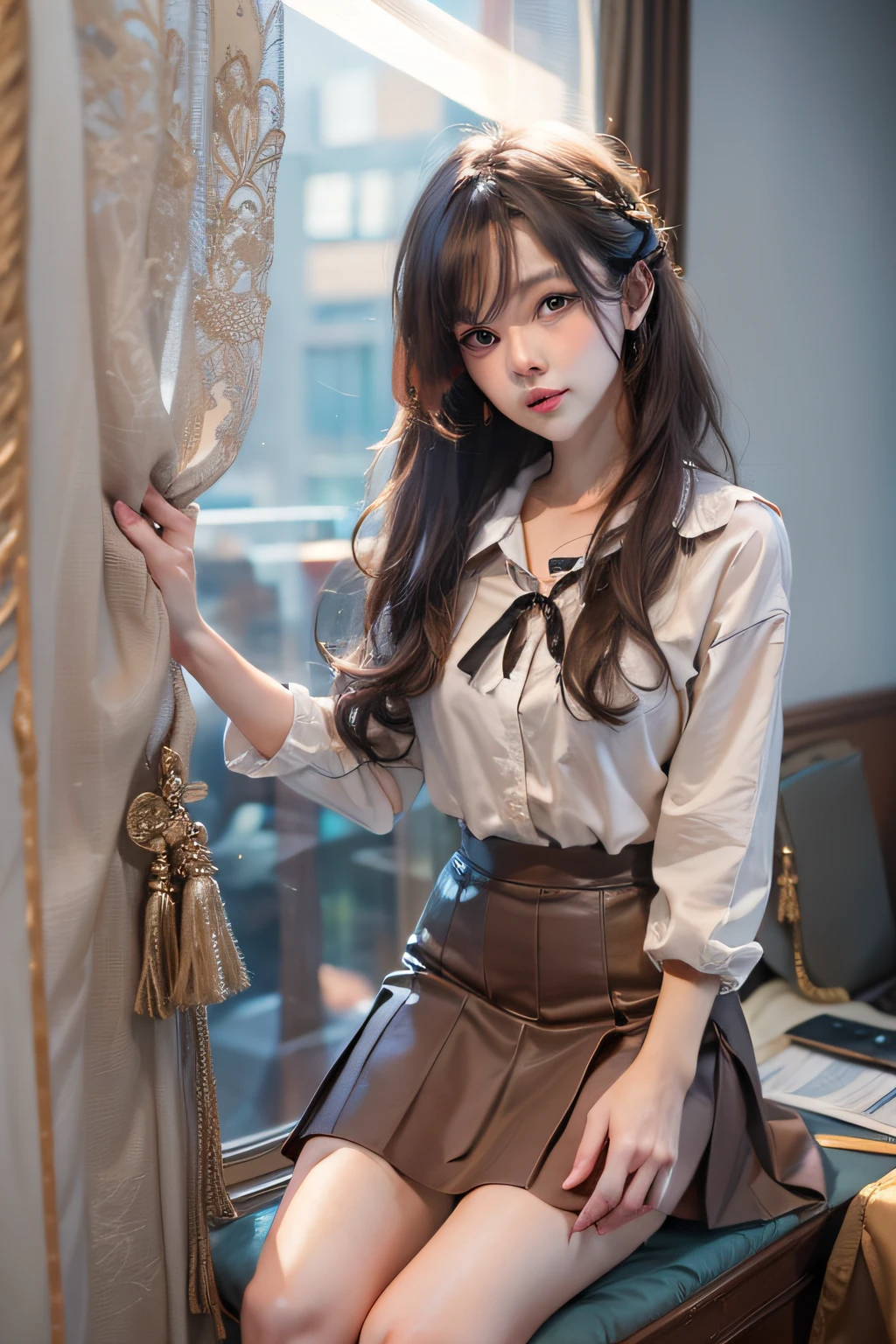 Cute  standing by the window、Thin leg、High heels on the ground、bedroom in luxury hotel、(​masterpiece:1.3)、(8k、Photorealsitic、RAW Photography、top-quality:1.4)、(1girl in)、beautiful countenance、(lifelike face)、A dark-haired、length hair、Beautiful hairstyle、realisticeyes、Pretty detailed eyes、real looking skin、Beautiful skins、超A high resolution、A hyper-realistic、ighly detailed、the golden ratio、cute little、Cute Female Teacher、High school girl in JK uniform、 surreal high school girl、a short skirt、tight skirts、panthyhose、Black stockings、full-body view、thin arm、huge tit、Gold wire glasses、​masterpiece, top-quality, hightquality, hight resolution