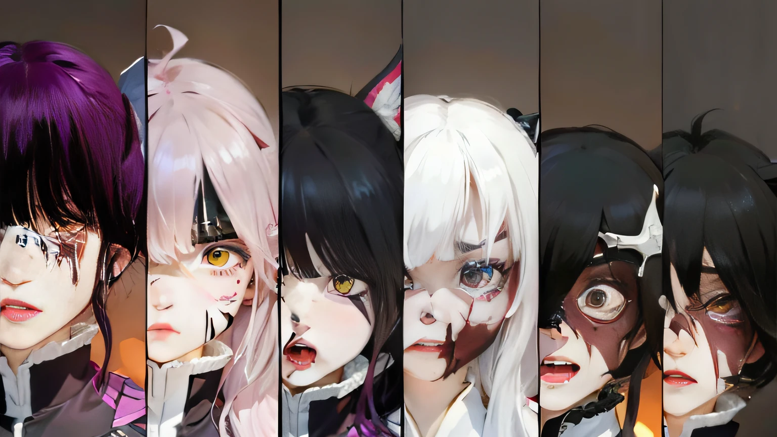 6 girls, girl 1 has her hair tied up and is magenta in color with bangs and her face is bleeding, her expression is mad and angry, wearing a black demon Slayer corps uniform, girl 2 has pink hair with side-swept bangs like in the picture, her face is angry and bloody, wears a black demon Slayer corps uniform, girl 3 her eyes are slightly covered by her bangs, her hair color is black, she has an angry screaming face, her face is bleeding, she is wearing a black demon slayer corps uniform, girl 4 has white hair and bangs that slightly cover her eyes, is seen wearing a white blazer, wearing cracked glasses and her face is bleeding and angry, girl 5 has bangs and hair as drawn, she has a screaming and serious angry and a bleeding face, she wears a white demon slayer corps uniform with black collar, girl 6 or the far right has black hair that covers her face with a few strands, her eyes are visible, has an angry face and her face is full of blood, she wears a black demon Slayer corps uniform
These six girls only pay attention to half of their faces, face close up lenses, ultra detailed, expressions, style, and face are all according to the picture