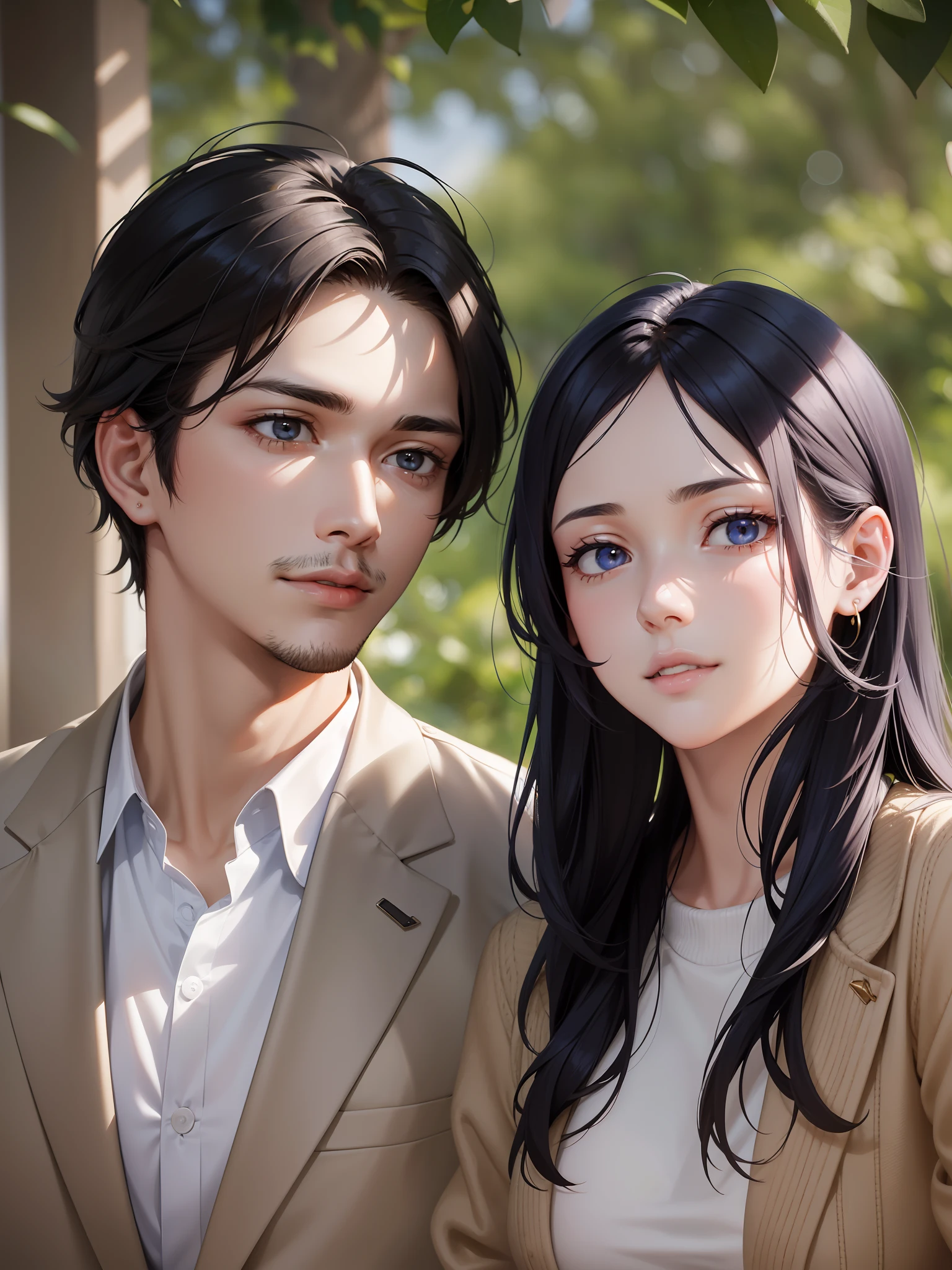 2 people, woman and man, Attractive profile picture, masterpiece, ultra-precise rendering, beautiful and cool young woman, trustworthy, dependable young woman, savior of the world, simple design, most beautiful image, 4K, blue black hair, beautiful woman, handsome man, facial hair, beautiful smile