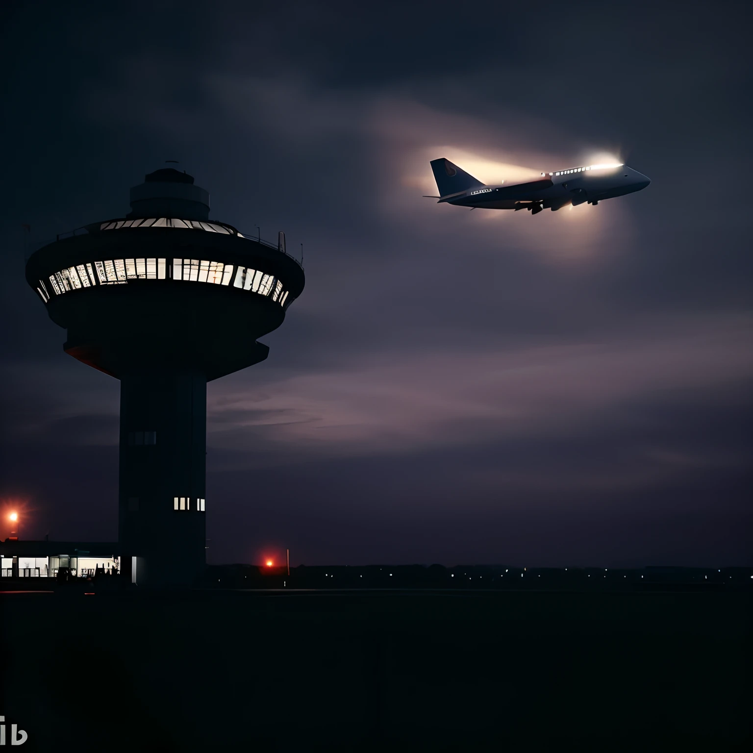plane taking off and passing near the control tower at night