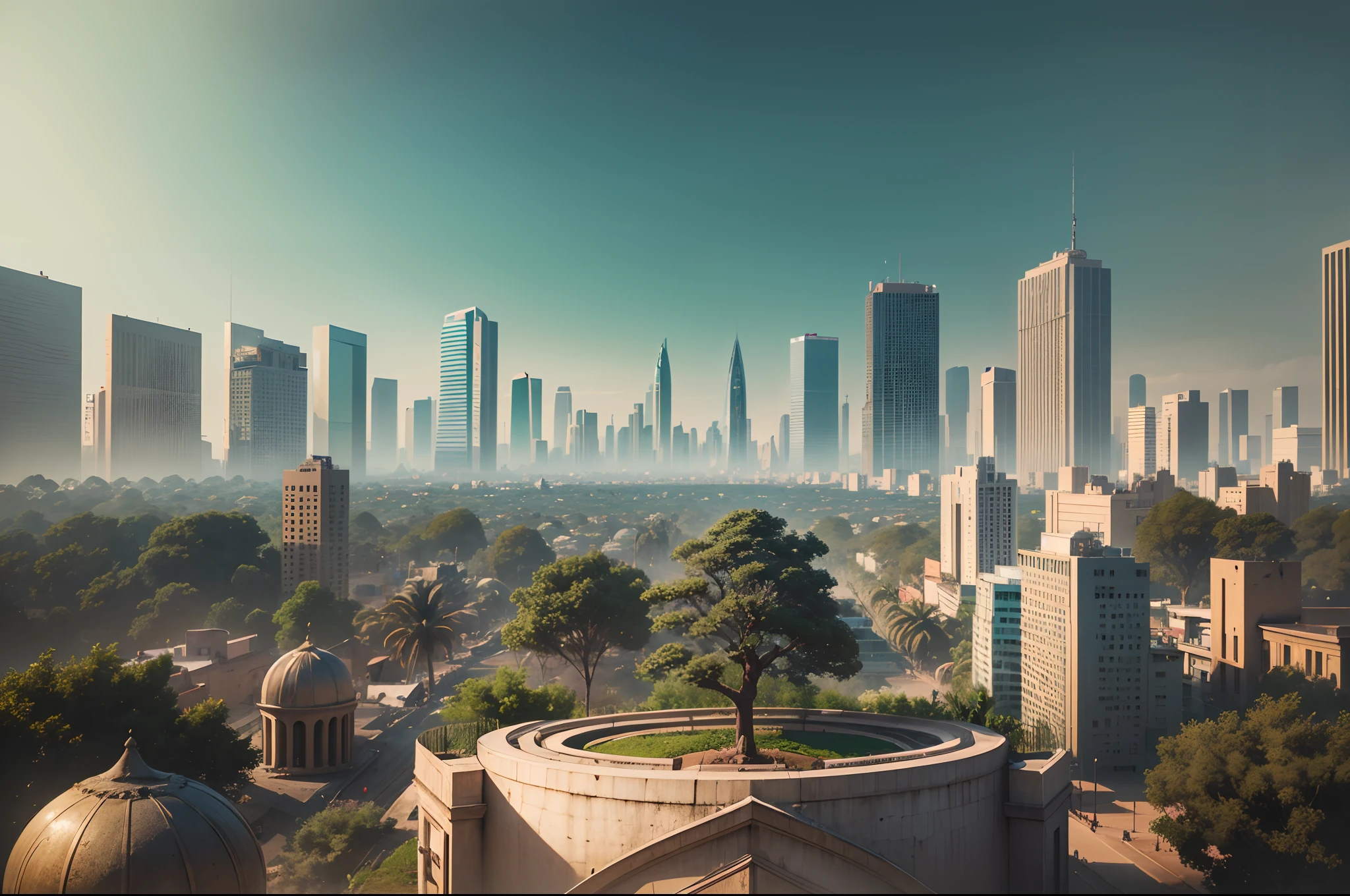 A utopia African city  with African sculpture, people moving, banana plantations in a distant, clear and clear buildings with African designs, with iridescent light, highly detailed images, vibrant beautiful colours, photorealistic image, 8k, ultra HD, unreal engine rendered, cinematic lighting, artgerm style, --auto --s2