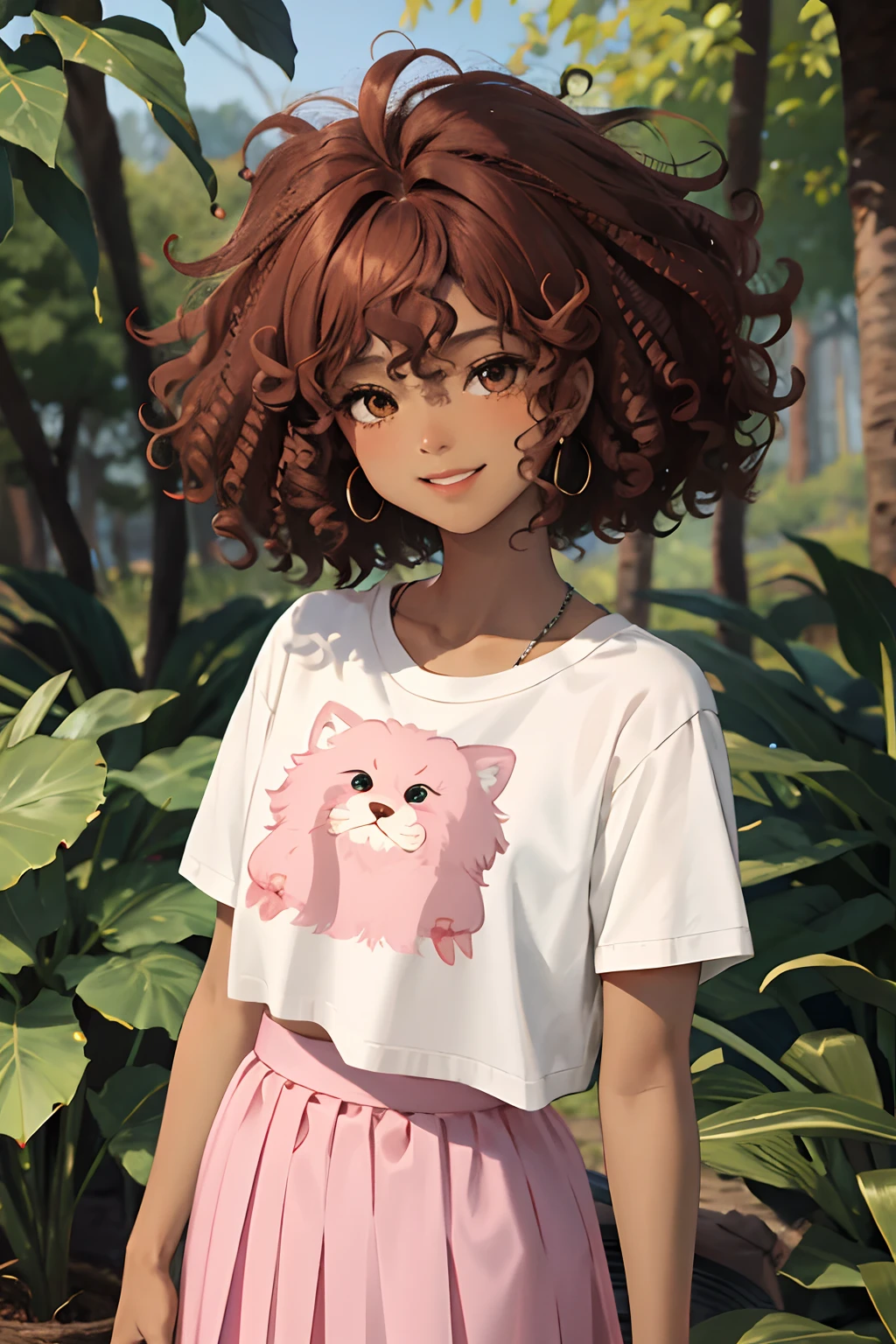 (masterpiece:1.2, best quality), (real picture, intricate details), 1lady, solo, upper body, casual, long fluffy hair, minimal makeup, natural fabrics, close-up face, smile, swamp, forest settings, Anne Boonchuy, Amphibia, girl, 14 yai-American teenage girl, librown skin, messy auburn hair, short auburn hair, short fluffly hair, dark brown eyes, school uniform, school t-shirt, white t-shirt, pleated skirt, pink pleated skirt, pink school skirt, Thai girl, dark skin, tan skin, light brown skin colour, dark skin colour, dark tan, light brown skin, curly hair, afro hair, short fluffly afro hair, auburn afro hair, curly hair, curly afro, pink skirt, PINK skirt, (same character, looking another way), (same character, other way), (looking right)