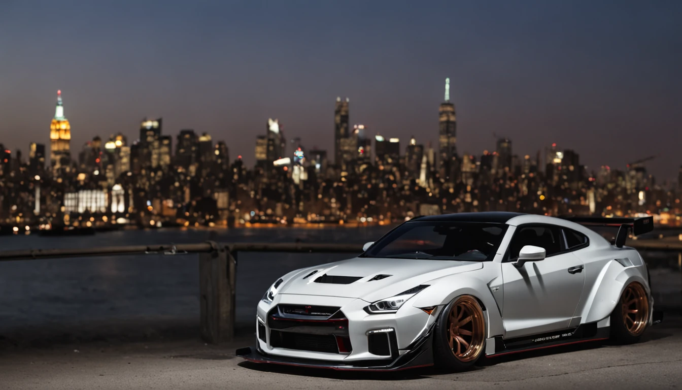 Put the GTR Liberty Walk in a big city at night, with illuminated skyscrapers in the background.