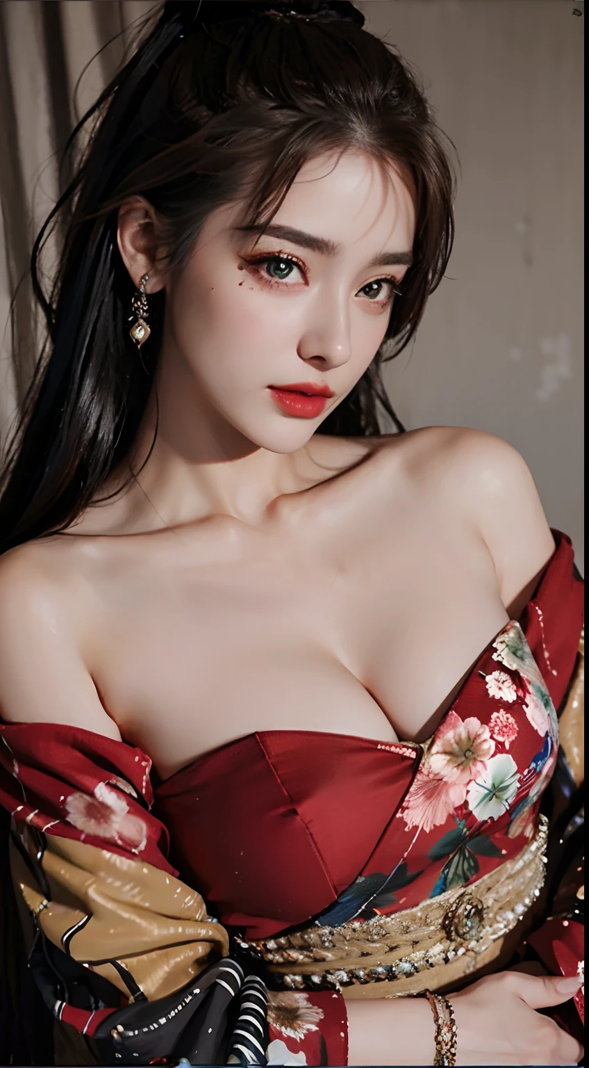 (hyper realstic)、Modern Oiran、(Female Ninja of the 21st Century)､Beautie　　high-level image quality　hight resolution　(Realistic)　Shorthair､Woman with dark hair、A MILF、Middle-aged woman、Big big、Detailed red-black 、detailed skin textures、超A high resolution、Realistic、Voluptuous body shape、angry looking face、Middle-aged beauty、Beautiful expression、With detailed red-black areola 、detailed brown eyes、long fluffy hair、Kamimei、Very delicate and detailed skin texture、35 years old、{There is a helipad at night((Being on the roof of a skyscraper))}、Modern Oiran、Large cleavage、Large open neckline、bright red lips、Wearing gorgeous clothes, Luxurious and luxurious kimono、ear ornament、Silver collar and necklace、gorgeous hair decoration、