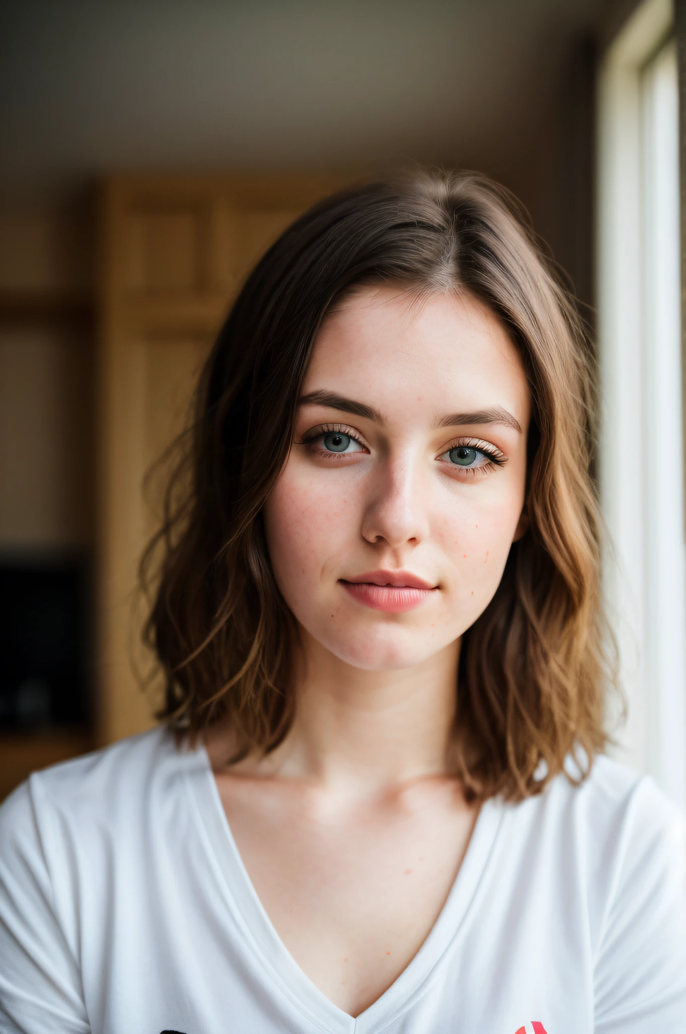 RAW photo, 24 year old Welsh woman, casual clothes, messy hair, slim build, at home, shallow depth of field, (high detail skin: 1.2), 8k uhd, DSLR, soft light, high quality, film grain, 20mp, Fuji XT3 , 80mm, Hasselblad