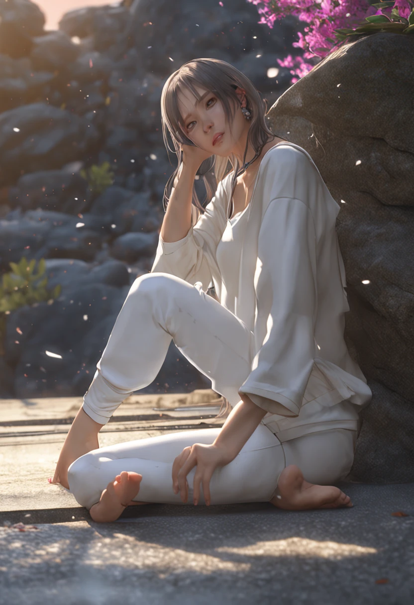 1 girl in、full body Esbian、Shoulders exposed、Unclear、Detailed clothing、White Yoga Pants、Unclear、white tee、(delicate illustration:1.4)、(masterpiece:1.0)、(top-quality:1.4)、(超A high resolution:1.2)、(Photorealsitic:1.4)、(8K、Raw photography:1.2)、(softfocus:1.4)、(18year old:1.3)、(foco nítido:1.4)、detailed beautiful faces