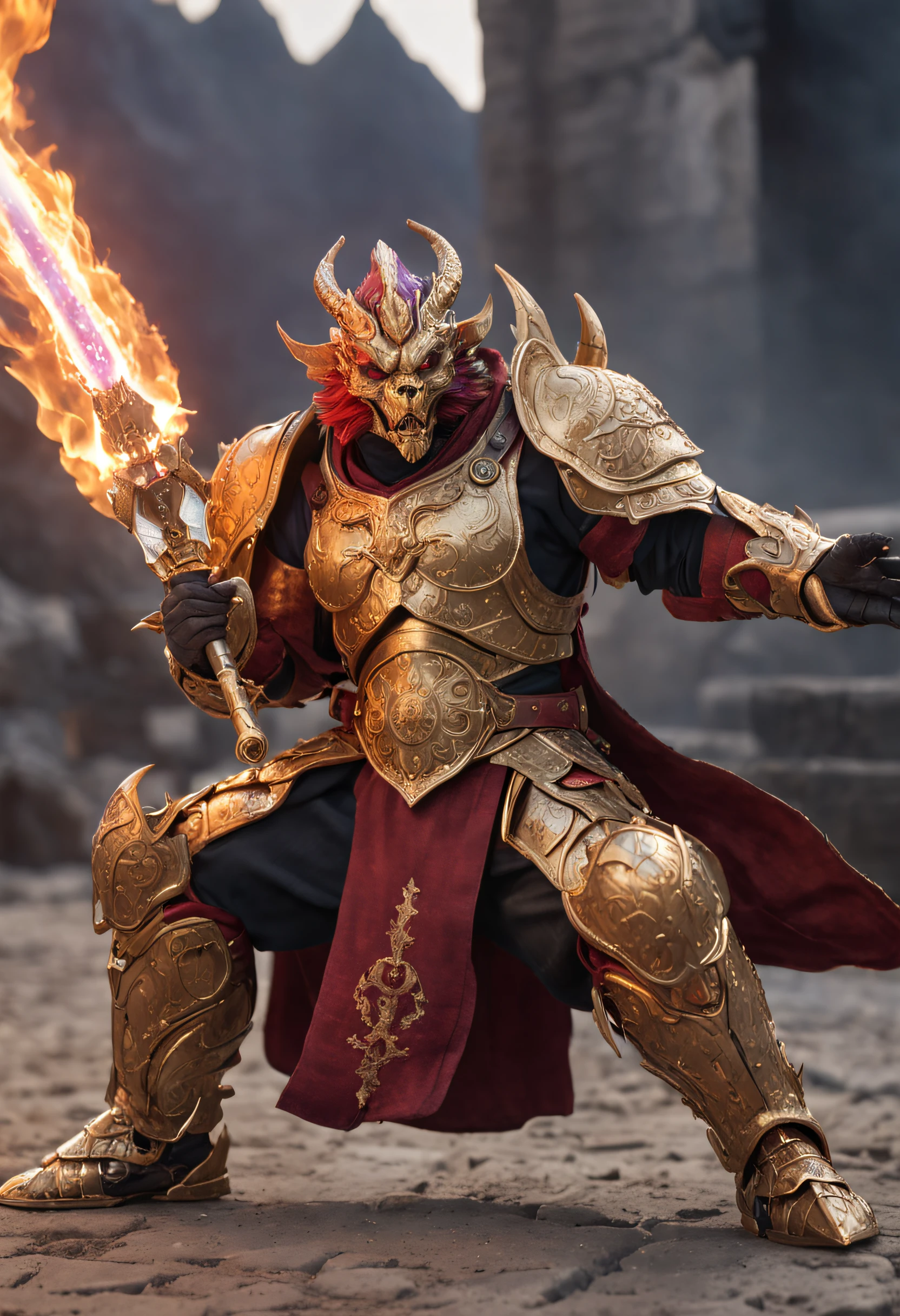 A sword and shield warrior armed with blue, purple, red, and red flame,Fully enclosed gold armor,Ultra-wide-angle full-body image,halo effects,Sony Master Lens,Hyper-realistic characterization,Battle the three-headed dragon,Shabby train in background,废墟,Meteor fire shower
