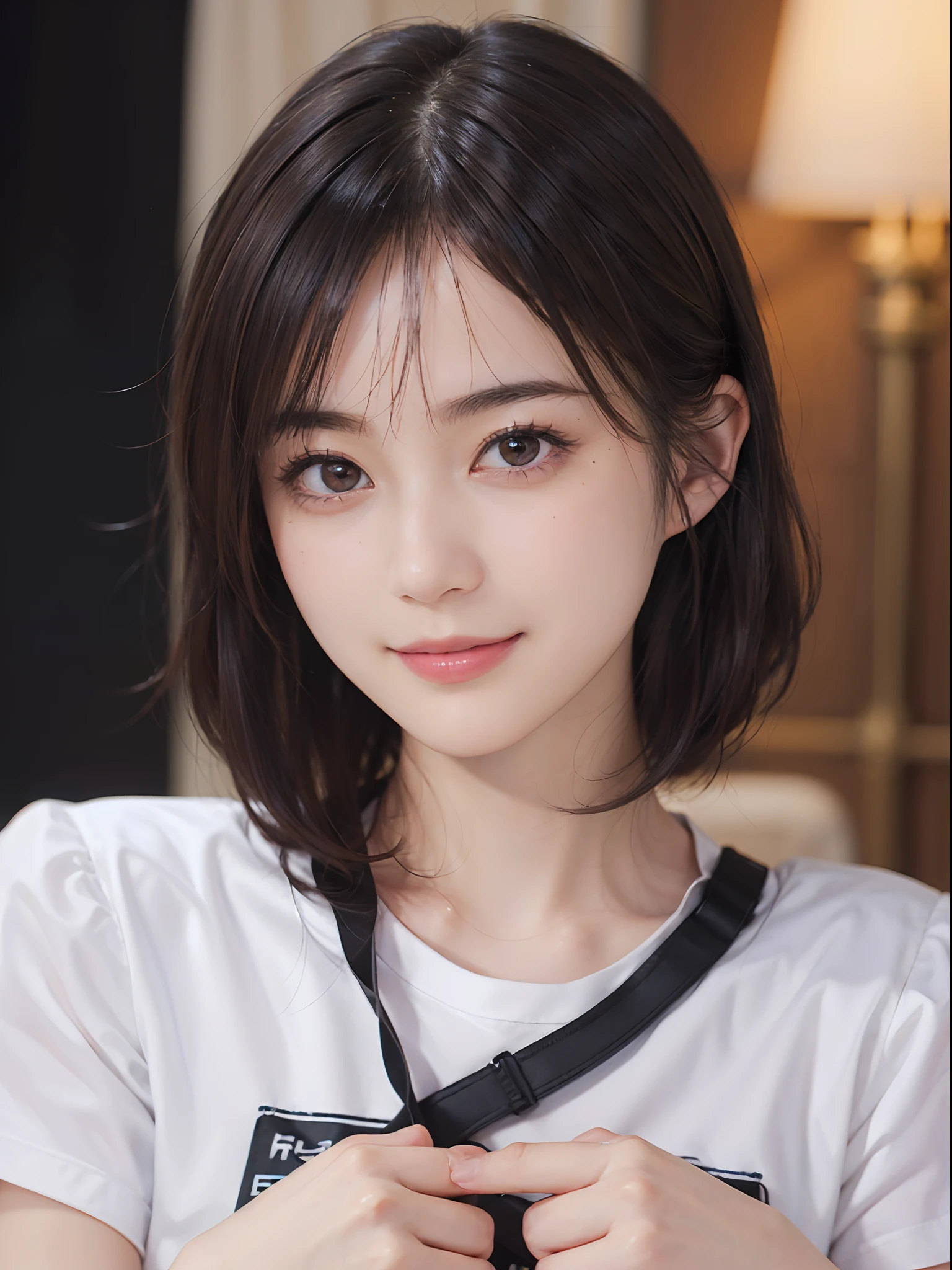 (Masterpiece)、(Photorealsitic、Raw photography、top-quality: 1.4)、(1womanl)、((tshirts))、Alphabet design、beautiful expression、((A slight smil))、(A dark-haired、short-hair:1.3)、Beautiful hairstyle、realisticeyes、Beautiful details、(real looking skin)、Beautiful skins、enticing、超A high resolution、A hyper-realistic、high-detail、the golden ratio