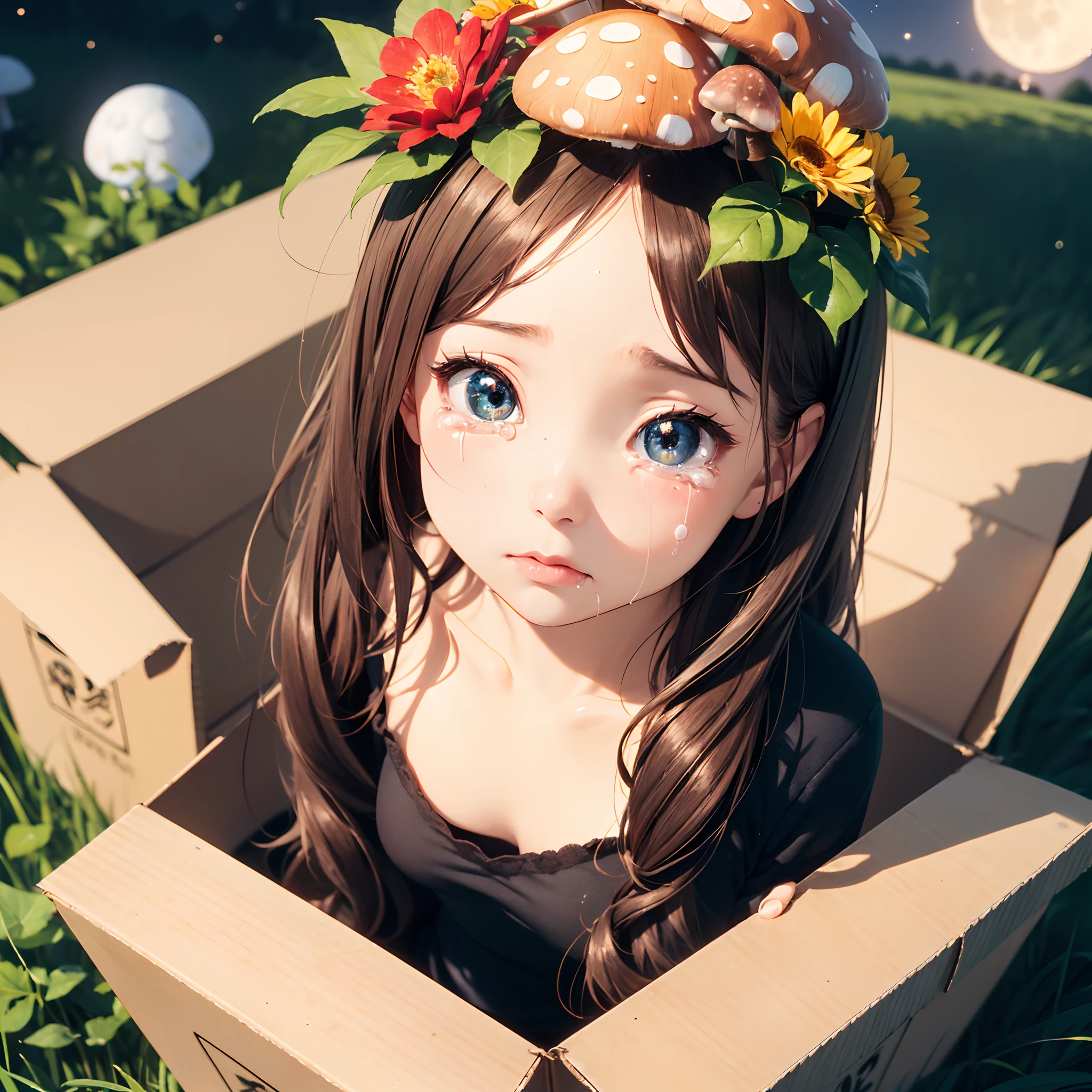 small girl, extremely cute girl ,(solid eyes:1.2), starly eyes, small mouth, small nose, cute lip, sparkle skin, cute cheek, (sadness, tears:1.2),  medium breast, break
flower accessories, flower hair, long hair, break, with small flower, break, (fisheye-lens:1), (from above:1.2), looking-up, (opening cubic-box, girl in cubic-box:1.4), (focus-face, close-up face:1.2), break
(birds, insect, butterfly), many plant, (night, moon:1.3), (mushroom on head:1.3),