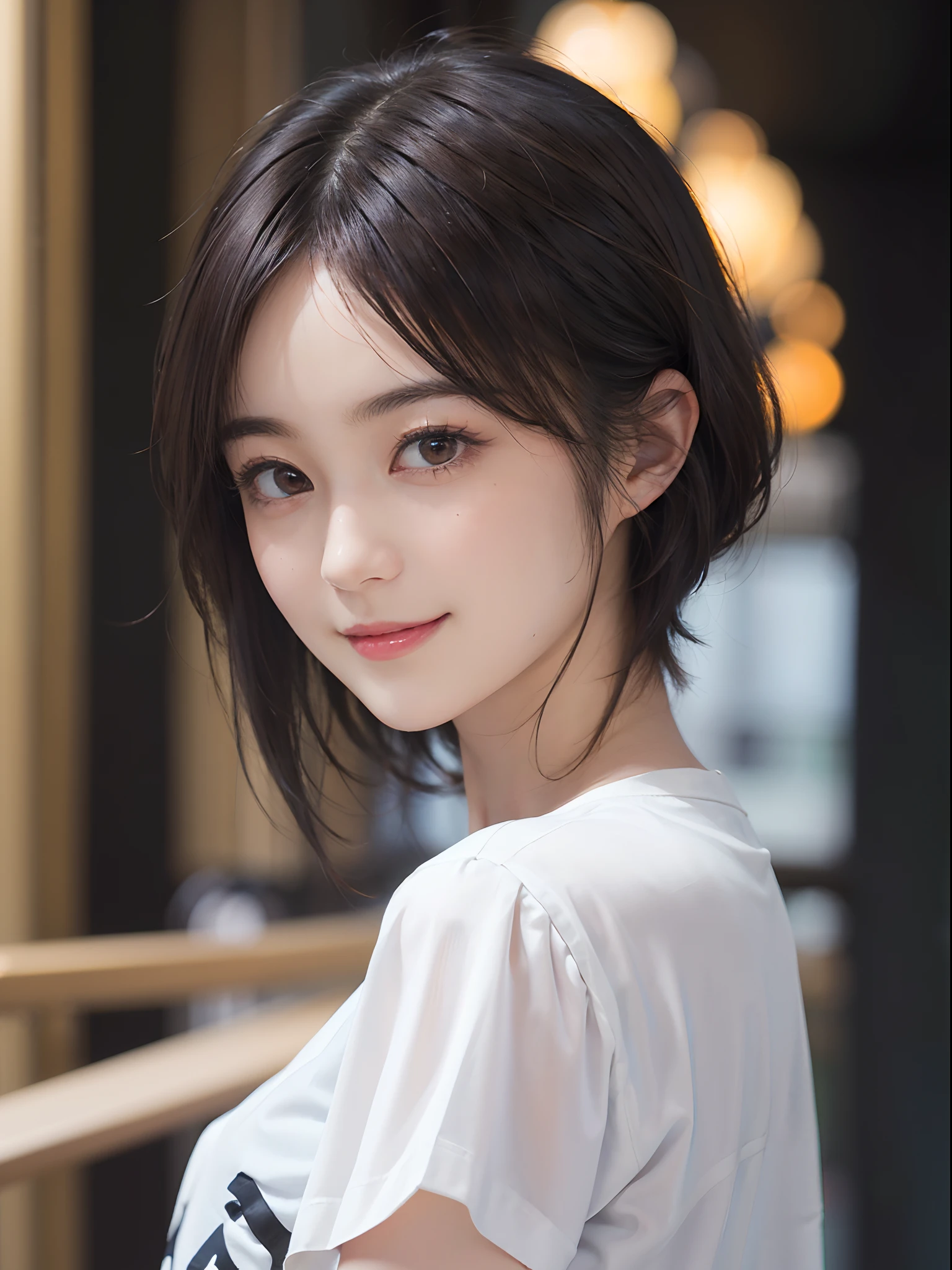 (Two pure Japanese,), (Small breasts:1.5,),(alone,,Textured skin, Detailed skin,Detailed face,Detailed eyes,detailed posing,Natural eyebrows,Sparkling eyes,Attention to detail, Highest quality, Very detailed, Surrealism, ,8k,RAW Photos,Photographicism,Professional Lighting,Ray Tracing,Portrait Photography,Soft Light),((Black Hair, Natural Makeup,Simple Earrings, Bob Hair,smile)),(((Magazine Model)))
