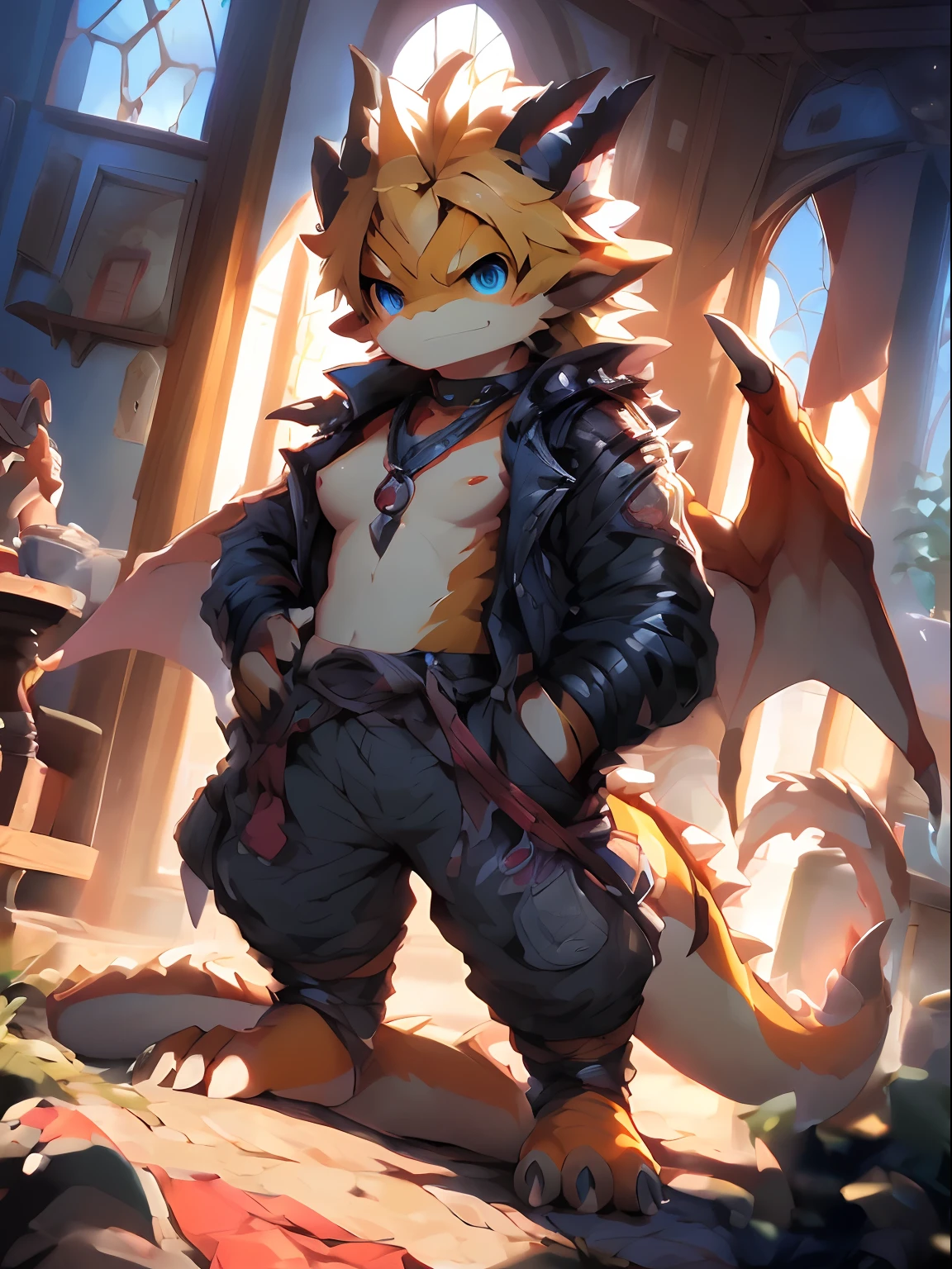 ((fox)), (solo), young, cub, chibi, flat chest, fluffy hair, ((hair over eyes)), fuzzy body, fox tail, ((devil wings)), ((devil horns)), ((devil armor)), spike collar, ((canine penis)), ((knot)), balls, genitals, up close, dark blue atmosphere, ((fantasy tavern)), ((leaning against wall)), Very good figure, cinematic lighting, volume lighting, masterpiece, super detail, high quality, best quality, highres, 16k