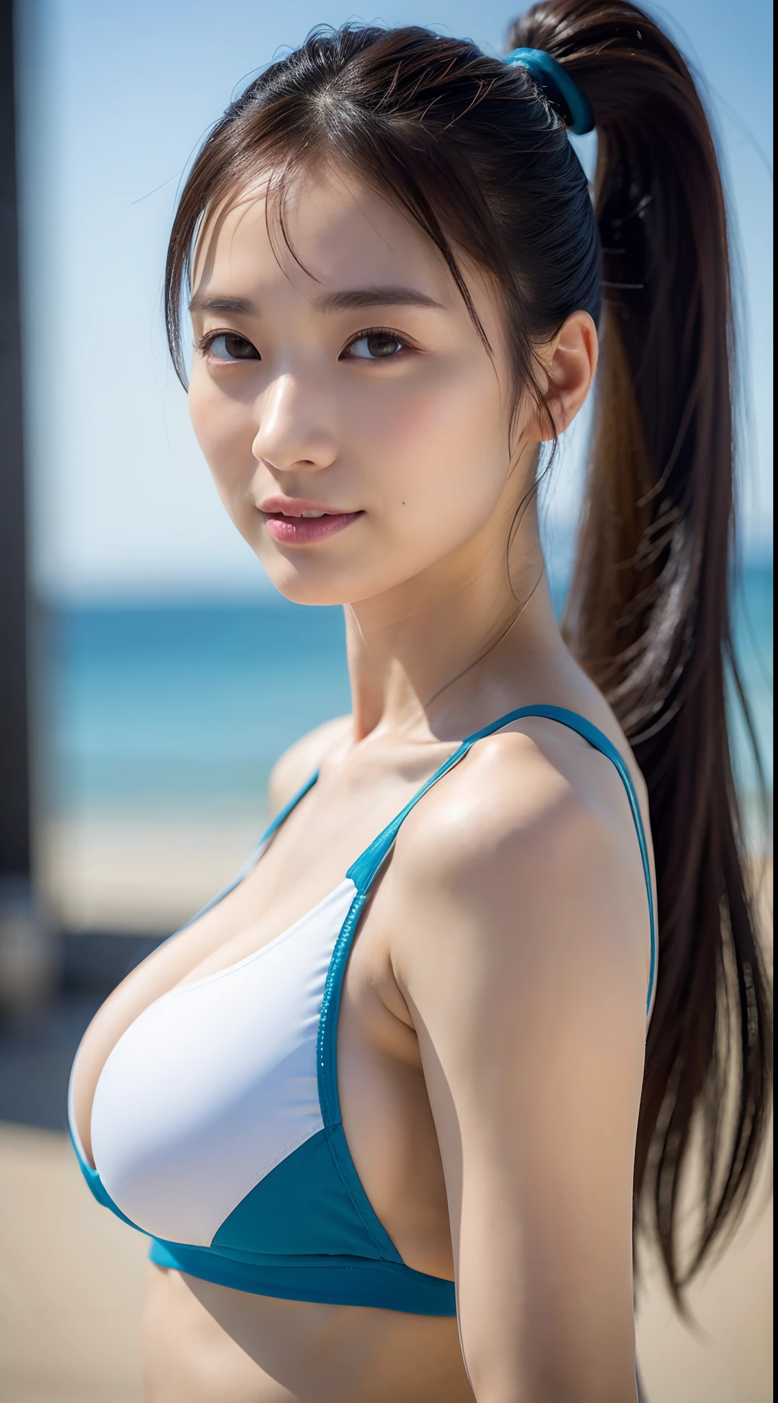 ((top-quality、in 8K、masterpiece:1.3))、sharp:1.2、Perfect Body Beauty:1.4、Slim abs:1.2、((Ponytail Hairstyles、large boob))、Wear a beach volleyball bikini、、Beach volleyball bikini、(Rain、Street:1.2)、Wetty:1.5、Highly detailed facial and skin texture、A detailed eye、二重まぶた、Aspect of looking at the camera、the beach、shores