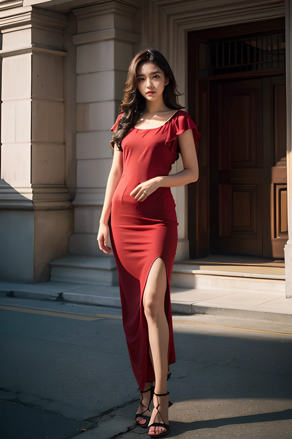 1girl, solo, RAW Photo, modelshoot style, Photograph of a young beautiful bright indonesian woman with black brown long hair flow in soft curl and ((warm skin)), focused, wear red medium dress, full body shot, long shot, soft face make up, mild face make up, small breast, face to the camera, looking at viewer, standing in front of a building, best quality, masterpiece, uhd, photorealistic