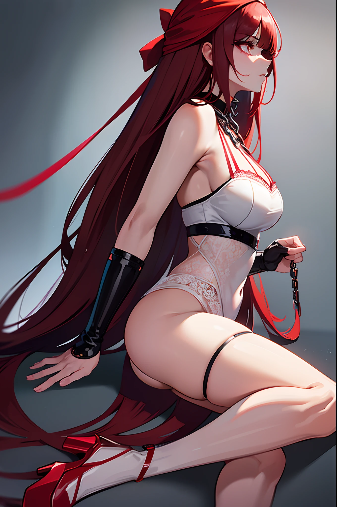 ((masterpiece)), ((best quality)), 1girl, long hair, big bust, ((red hair)), close-up, profile photo, very long red hair, ((intimidant look)), sexy pose, ((blood marks)), yellow eyes, ((white lace lingerie)), ((chains)), leather, dark colors, ((bandana)), brillant eyes, heels, fishnet stockings, ((wavy hair)), exposed skin, ((intimidant look)), good anatomy, ((dominant)), ((straight cut bangs)), long gloves, evil, emotionless, intimidant, bloody, ((beautiful eyes)), dark background, close up, ((detailed eyes)), beautiful eyes, hair bang, frontal look