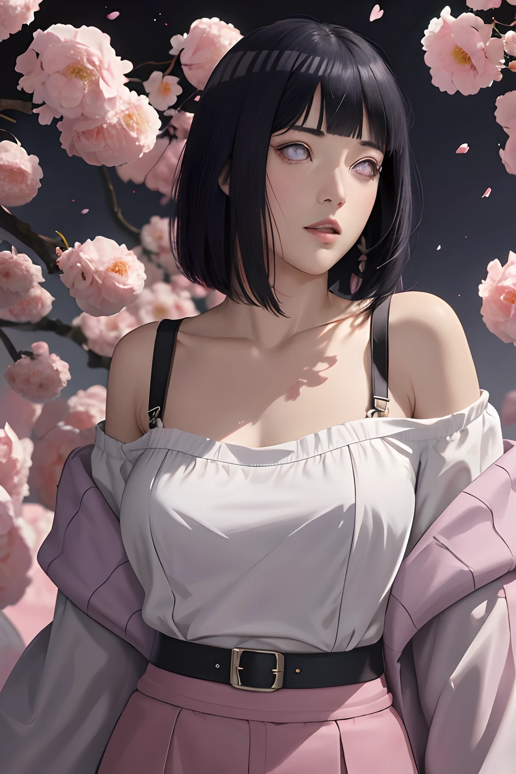 masterpiece, absurdres, hinata\(boruto\), 1girl, solo,mature female, off-shoulder strap bra, high waist short skirt, looking at viewer, (falling petals), perfect composition, detailed lips, big breast, beautiful face, body propotion, blush, (pink lips), long hair, purple eyes, soft gaze, super realistic, detailed, photoshoot, realistic face and body,