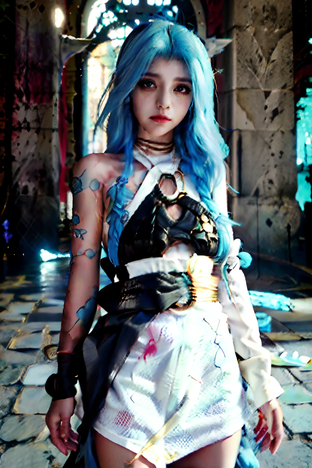 There's a woman with blue hair and tattoos posing for a photo, deviantart artstation cgscosiety, 🌺 CGSetnation, Alice X. Zhang, Jogo CG, 2 b, 2b, azarar, Cosplay, anime estilo 3d, Guweiz, Jinx, Arcano, personagem de anime; arte de corpo inteiro, rococo cyberpunk, colorido, Beautiful image