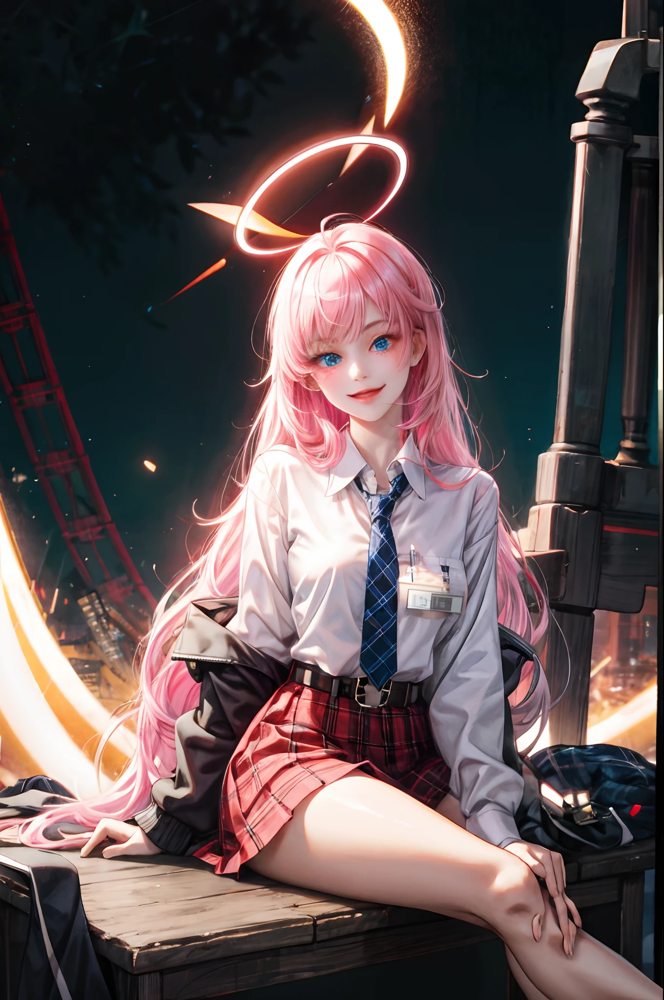 1girll, hoshino (Blue Archive), Solo, Heterochromia, Pink hair, Skirt, Long hair, tiese, ahoge, shirt, Halo, plaid skirts, Blue eyes, tartan,  view the viewer, White shirt, Sitting, Orange eyes, breast belt, exploited, Long sleeves, ID cards, Open mouth, Very long hair, Collared shirt, Smile, a blue tie, bangs, foot out of frame, between legs, hand between legs, Blush, hair between eye, A high resolution,Masterpiece, Best quality