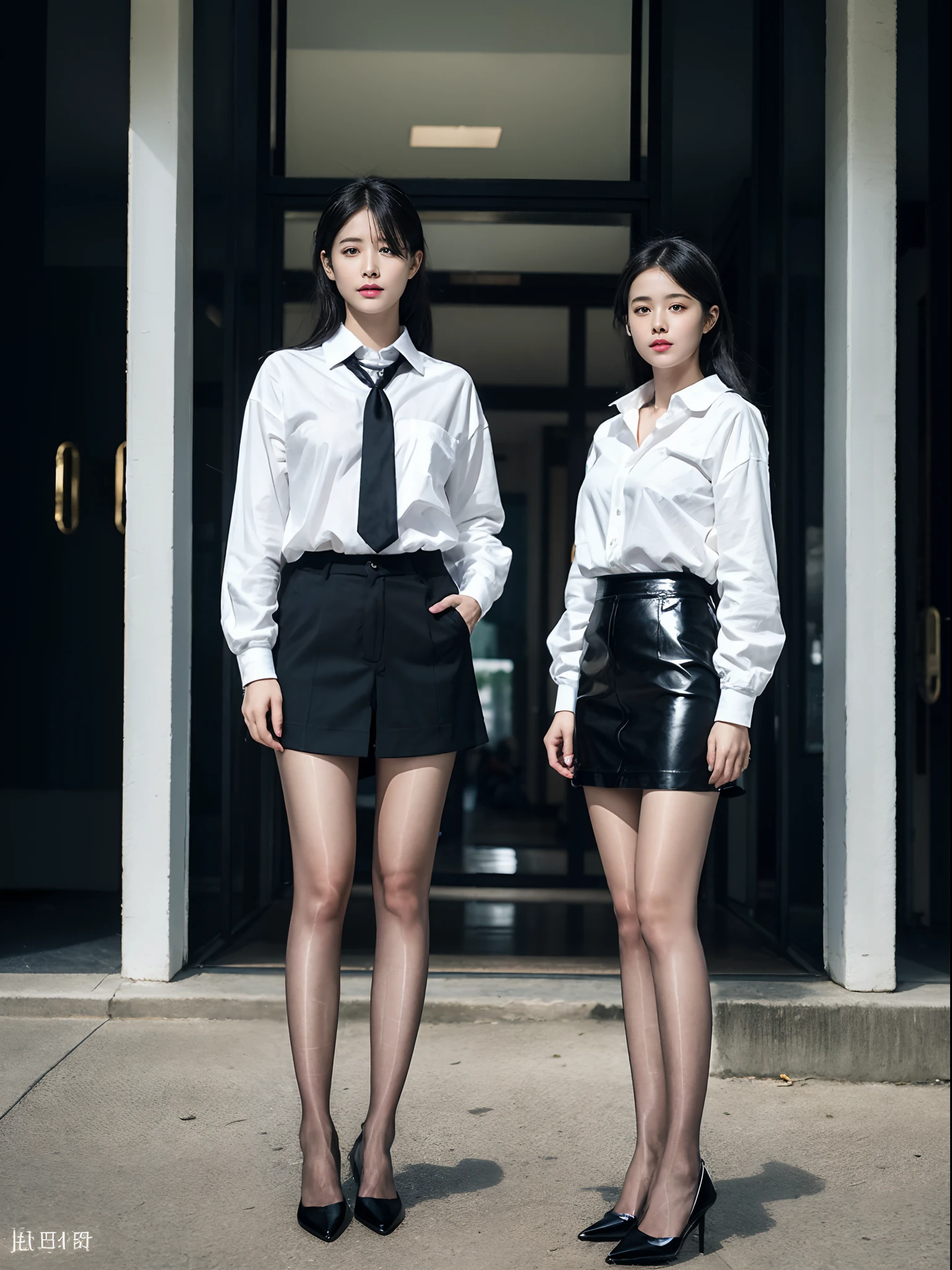 (RAW photo:1.2), (Photorealistic:1.4),Beautiful detailed woman, very detailed eyes and faces, A detailed eye, ultra - detailed, A high resolution, The is very detailed,best qualtiy,illustratio,unified,8k 壁纸,tmasterpiece,best qualtiy,1girll,独奏,Black color hair,upper legs,tiese,The shirt,are standing,white shirt,black thighhigns,high-heels,looking at viewert,realisticlying,long whitr hair,black necktie,Artist name,collared shir,Black shoes