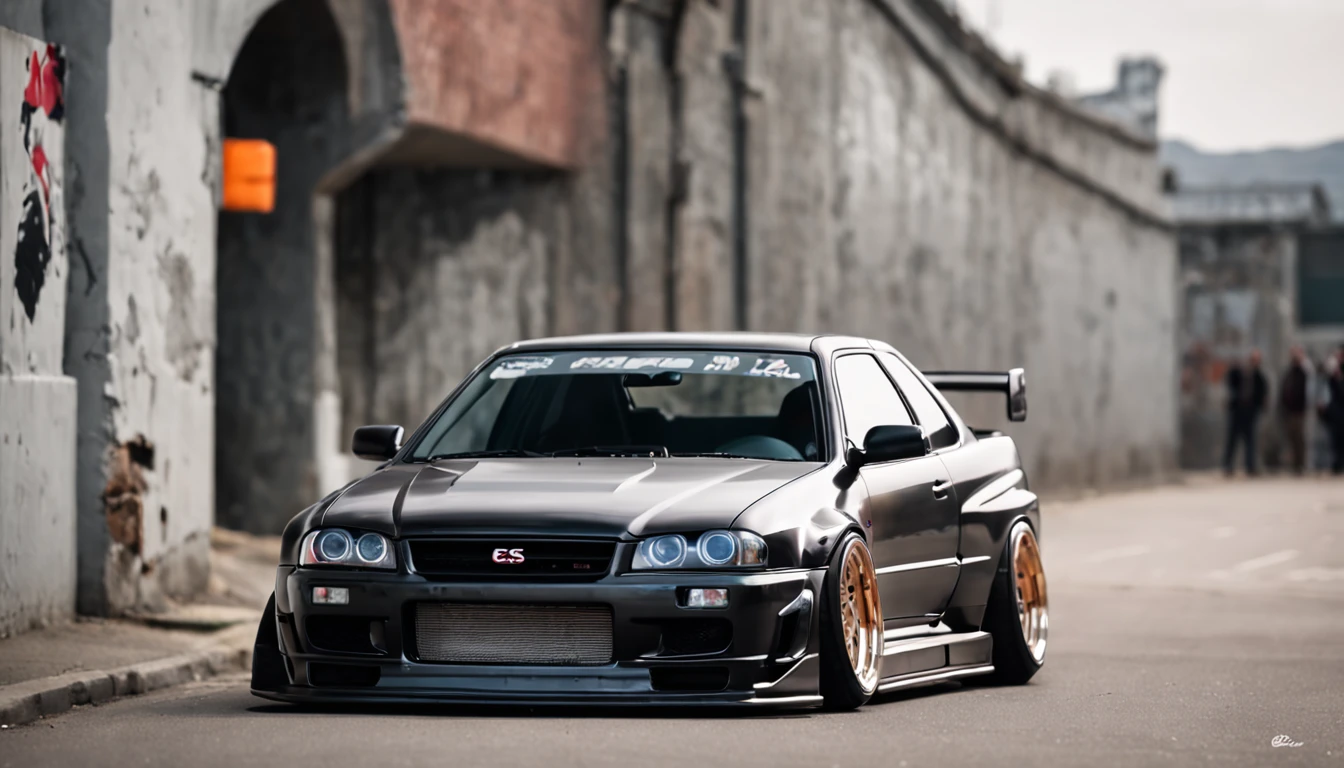 Coloque o GTR R34 Liberty Walk em frente a um mural de arte de rua colorido e vibrante.