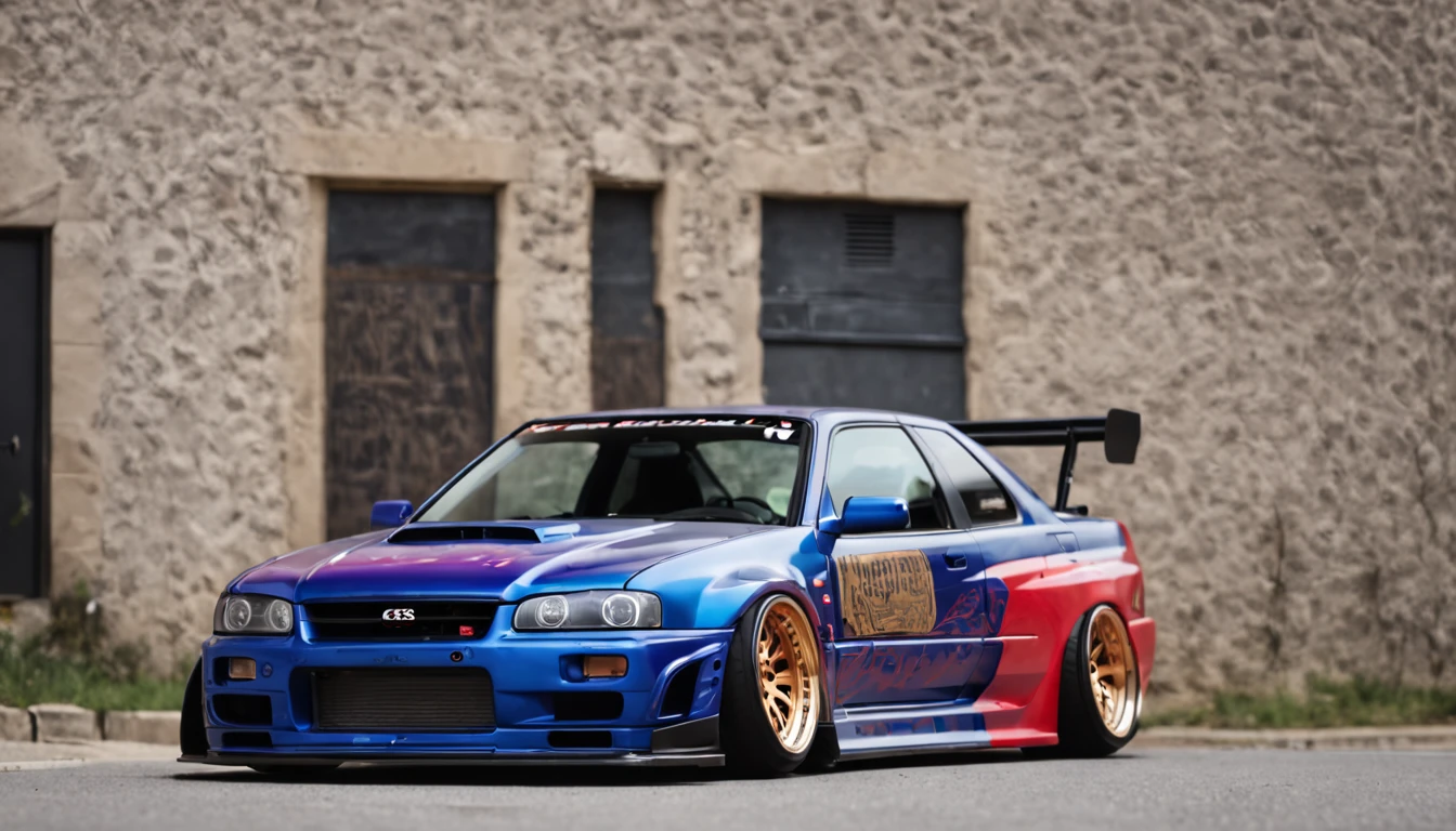 Coloque o GTR R34 Liberty Walk em frente a um mural de arte de rua colorido e vibrante.