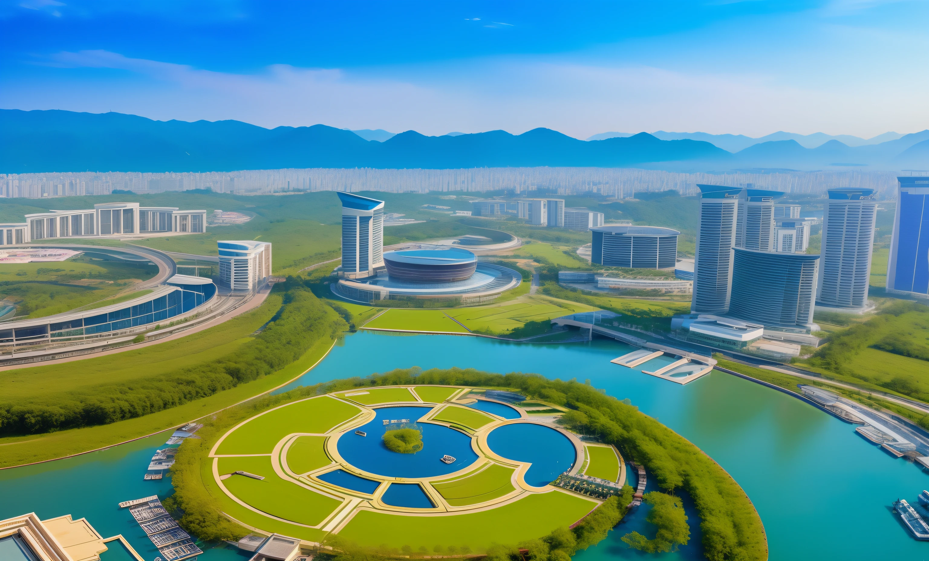 The blue sky,Eco-friendly ecology,A city where technology and nature are perfectly integrated。