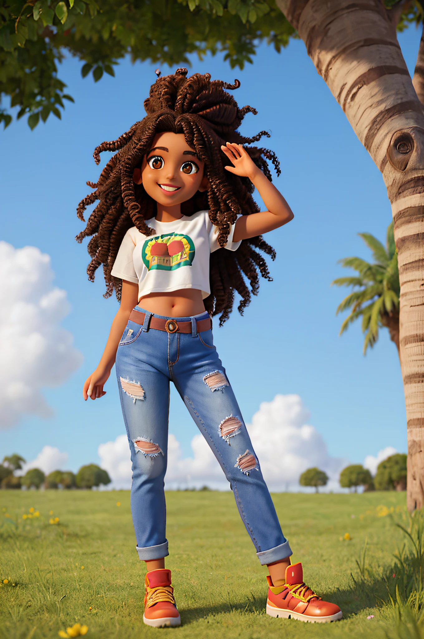 3D por 1girl, ((sozinho))), (15 year old long curly hair messy, sorrindo, rosto de modelo, 
feliz, africana africana pele marrom escura:4, pele preta:2 olhos cintilantes meigos;1.15), wears a t-shirt and long jeans, sneaker, corpo escultural de modelo, tarde de
outono, Field with trees, boi, cavalo luminosidade quente e suave, flohas sendo
levadas pelo vento, lente de desfoque de movimento
