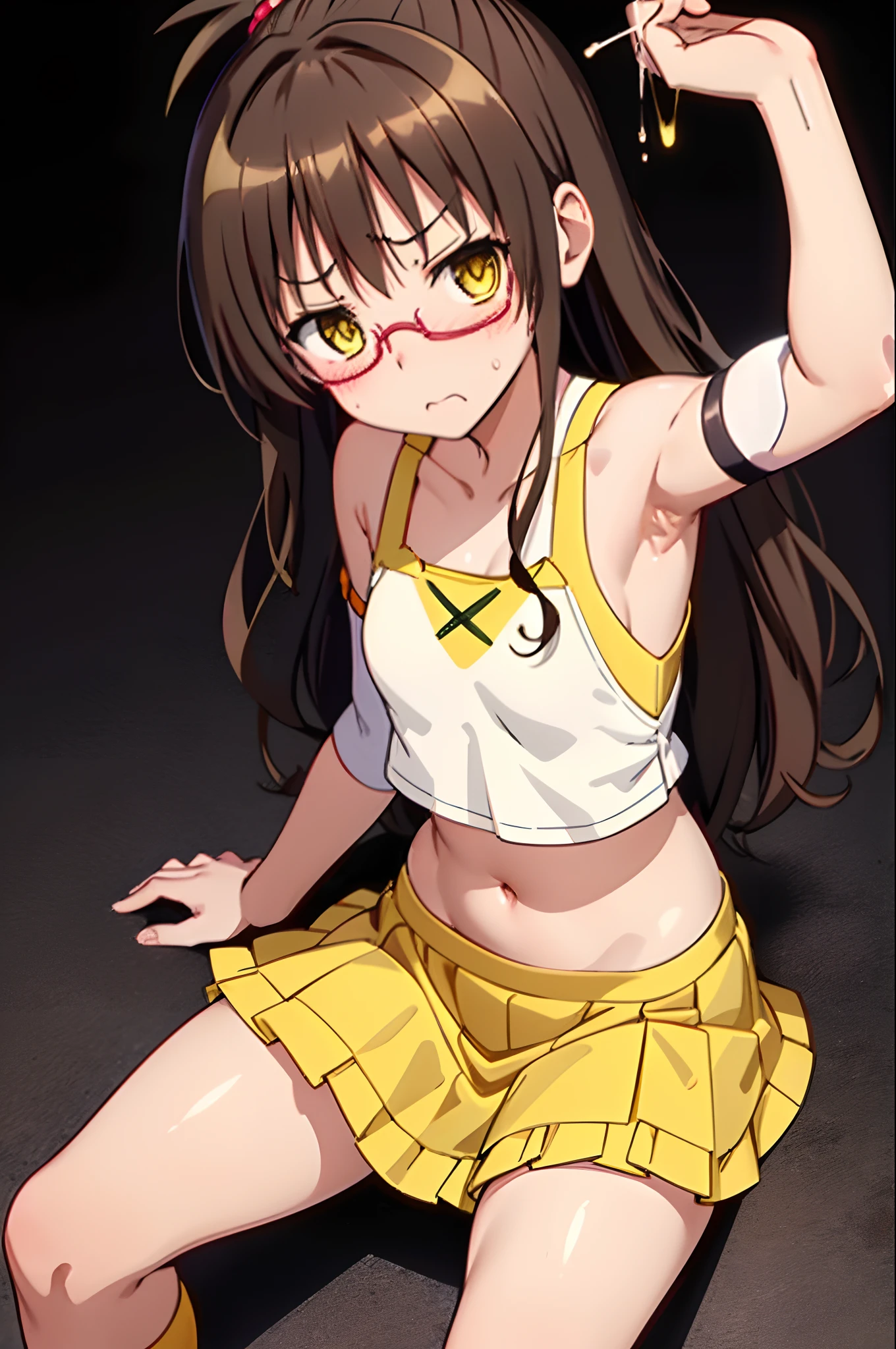 yuuki mikan, brown hair, yellow eyes, hair ornaments, long hair, topknot, wavy hair, small breasts, (upper body), (disgust, annoyed), (from above), 1girl, spread armpit, steam, sitting, (sleeveless), (detached sleeves), black-framed eyewear, Navel, (simple Background)