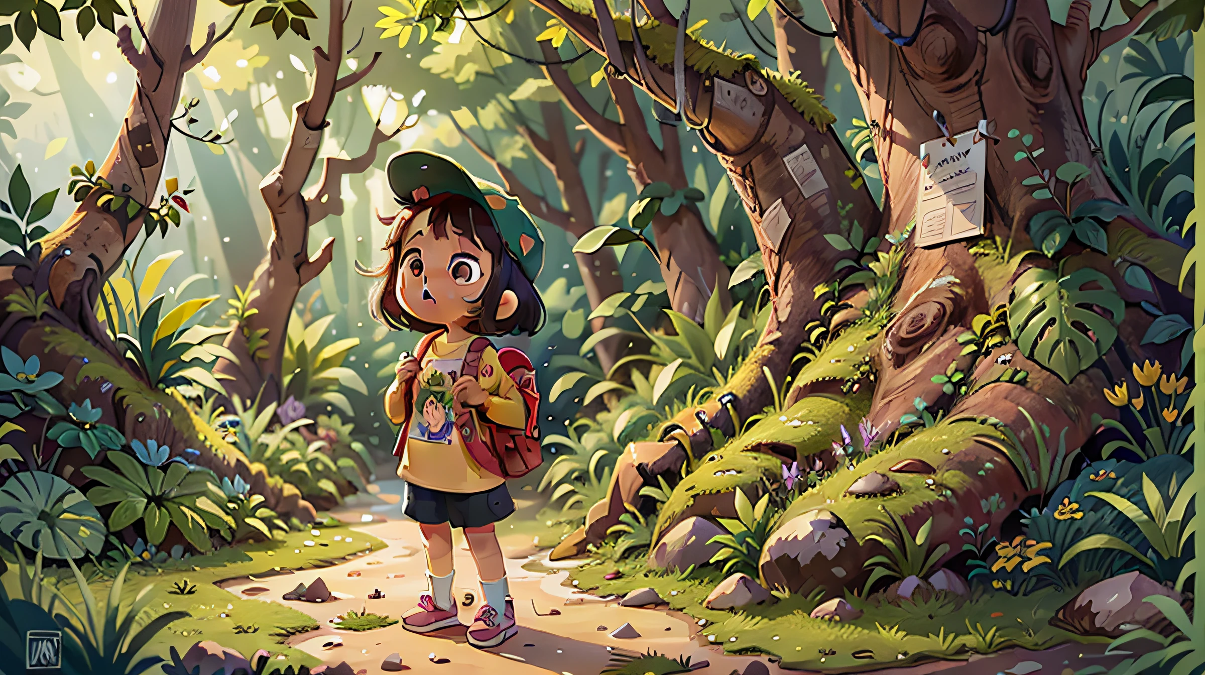Crie uma de 6 anos em uma floresta, encontrando um coelhinho feliz, desenho ilustrativo, fofo