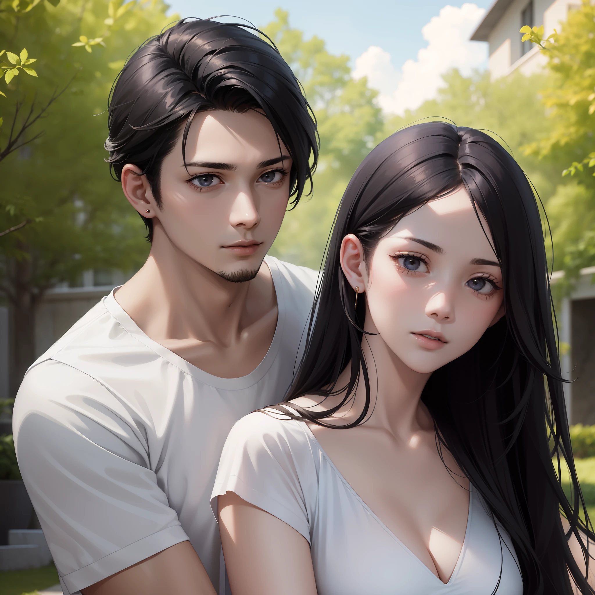 2 people, woman and man, Attractive profile picture, masterpiece, ultra-precise rendering, beautiful and cool young woman, trustworthy, dependable young woman, savior of the world, simple design, most beautiful image, 4K, black hair, beautiful woman, handsome man, facial hair