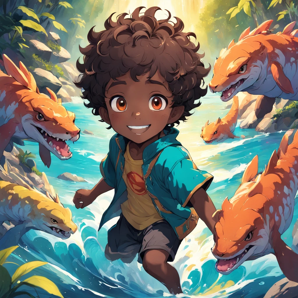 happy little boy, 8 years old, disney style curly hair, brown eyes and black skin color, wearing astrounata outfit, very smiling, surrounded by smiling creatures, near colorful rivers of magical colors and bright flowers