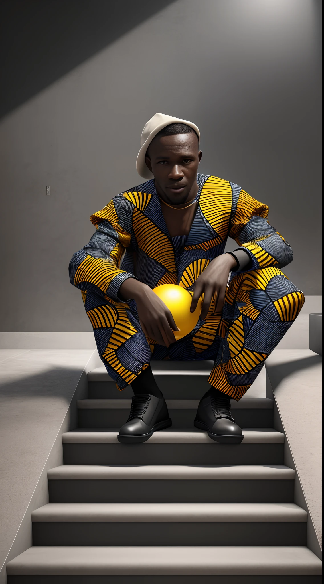 An African man dressed in African clothes sitting on a yellow sphere in a black and white room with abstract shapes and stairs, with iridescent light, highly detailed images, vibrant beautiful colours, photorealistic image, 8k, ultra HD, unreal engine rendered, cinematic lighting, artgerm style, --auto --s2