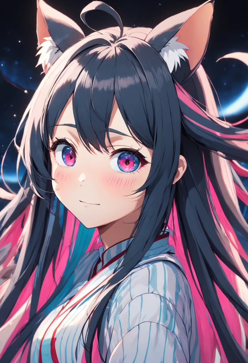 Black hair, hair bobbles, wince, long eyelasher, solid circle eyes, Fake animal ears, Light smile, Ear blush, Fang, Striped hair, Very long hair, surrealism, shadowing, anaglyph, stereograms, tachi-e, angle of view, Atmospheric perspective, 8K, Super detail, ccurate, Best quality