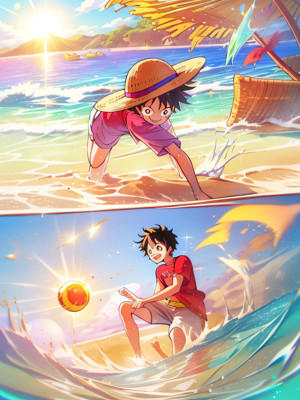 (beautiful beaches),(Clear blue sky),(Golden sand),(calm ocean),(Happy Luffy),(playing in water),(Straw hat),(Red T-shirt),(bright sun),(Dynamic camera angle),(Sparkling water),(Vibrant colors)
