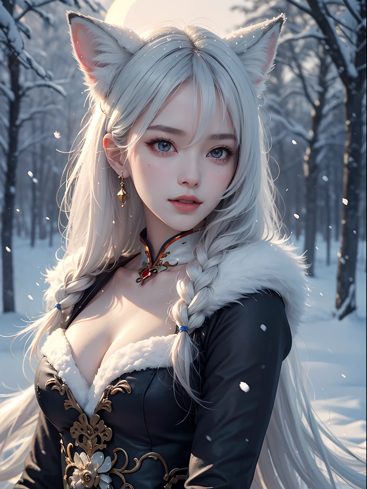 Unbeatable masterpiece, Ultra photo realsisim, Perfect artwork, Intricate details, Best quality, Strong light,High contrast, (fantasyoutfit: 1.3) , cleavage , Blush , Intricate , Detailed.Human-robotic , Solo , (Chinese style:1.4) , (Intricate metal patterns)) ,  cheerfulness , Open your mouth , 1girll , Solo , mizore((Snow-white hair:1.2)) , Long hair , Upper body ,((Half body)) , jungles , FOX Girl , FOX ears .Red eyes , high light , Night , full moon , Claw-shaped , Mountain , multitail , Nine-tailed fox ,