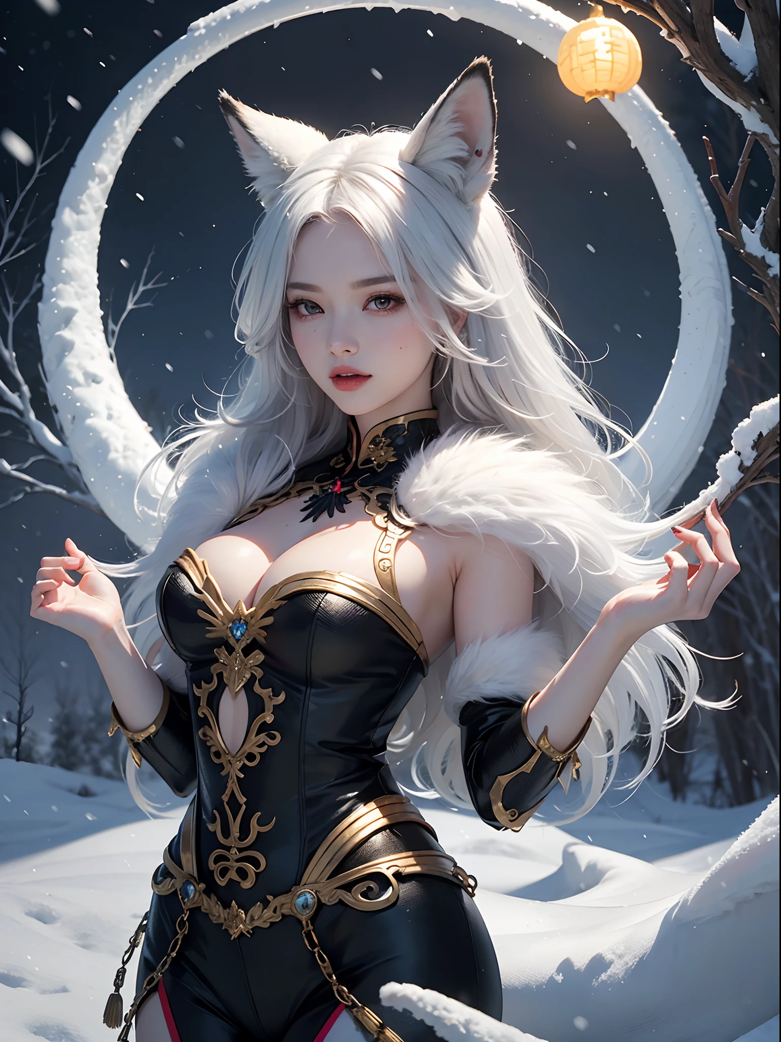 Unbeatable masterpiece, Ultra photo realsisim, Perfect artwork, Intricate details, Best quality, Strong light,High contrast, (fantasyoutfit: 1.3) , cleavage , Blush , Intricate , Detailed.Human-robotic , Solo , (Chinese style:1.4) , (Intricate metal patterns)) , cheerfulness , Open your mouth , 1girll , Solo , mizore((Snow-white hair:1.2)) , Long hair , Upper body ,((Half body)) , jungles , Fox girl , Fox ears .Red eyes , high light , Night , full moon , Claw-shaped , Mountain , Multi-tailed , Nine-tailed fox ,
