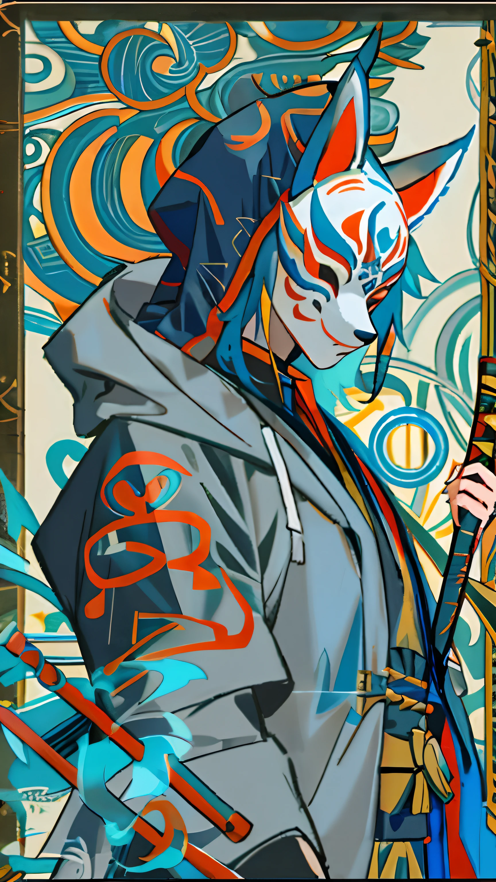 assassin mage with a fox mask that covers the entire face, playing a magic drum, wearing a hooded mask and cloak, blue and black color palette, blue magic and black robe with blue details