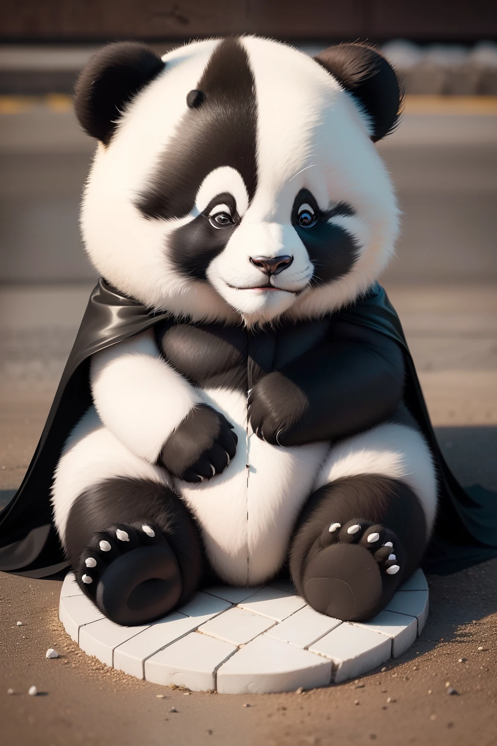 The panda sits on the ground，Black and white fur, Panda, panda panda panda, Cute panda, tian zi, a cute giant panda，Wear a cape