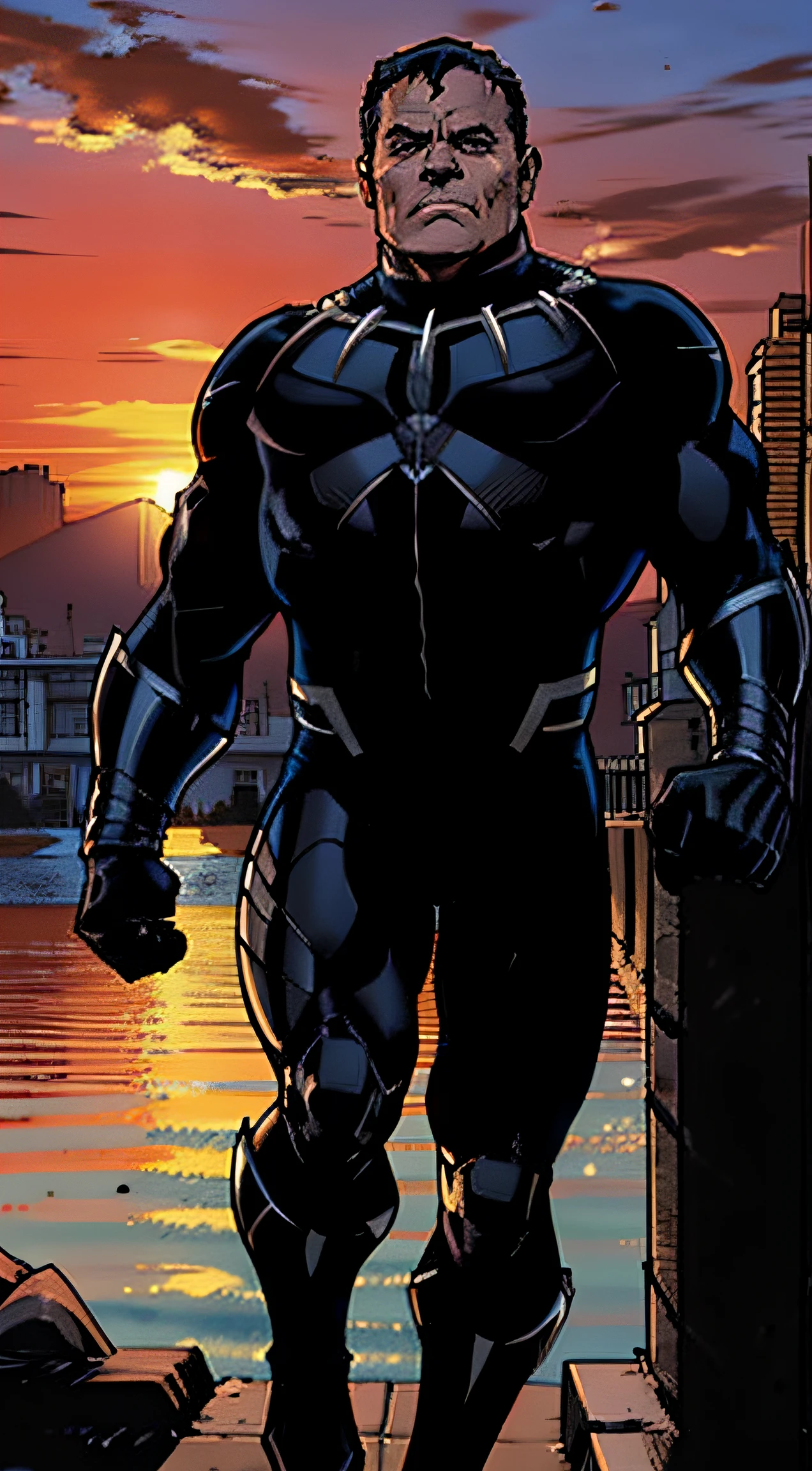 DClark; Black Panther suit without mask, mostrar corpo inteiro, cara de raiva, olhe para a esquerda, (((imberbe))), on the banks of a river, por do sol, pedras no rio, cartoon premiado,