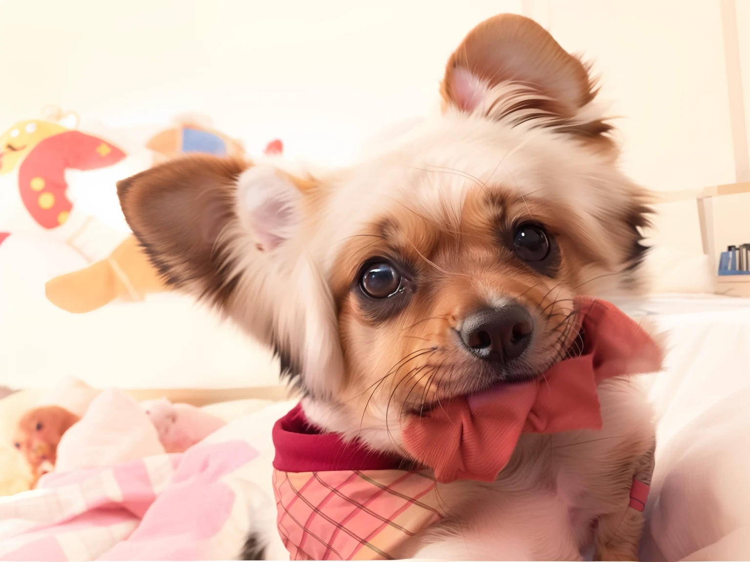 there is a dog that is sitting on a bed with a blanket, breed russian brown toy terrier, Tomado com Sony Alpha 9, sorriso manhoso, taken with sony a7r camera, maximus jacobs, extremamente bonito, muito bobo olhando, um bonito, large eyes and menacing smile, pimenta, Directed by: Emma Andijewska, Olhar peruano, Miko, muito bonito