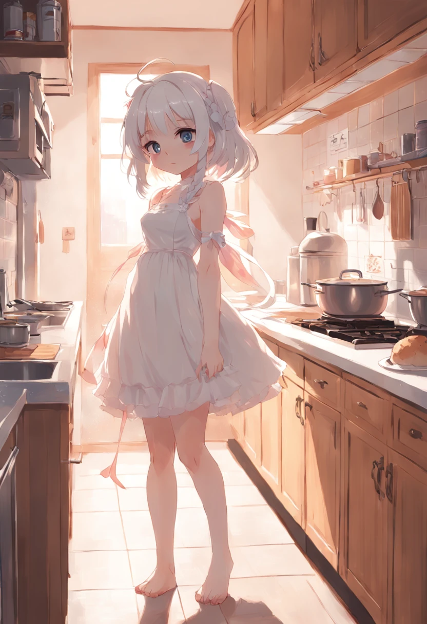 Anime girl in white dress standing in kitchen with cat, loli in dress, small curvy loli, artwork in the style of guweiz, guweiz on pixiv artstation, guweiz on artstation pixiv, guweiz, small loli girl, soft anime illustration, Anime visuals of cute girls, Detailed Digital Anime Art