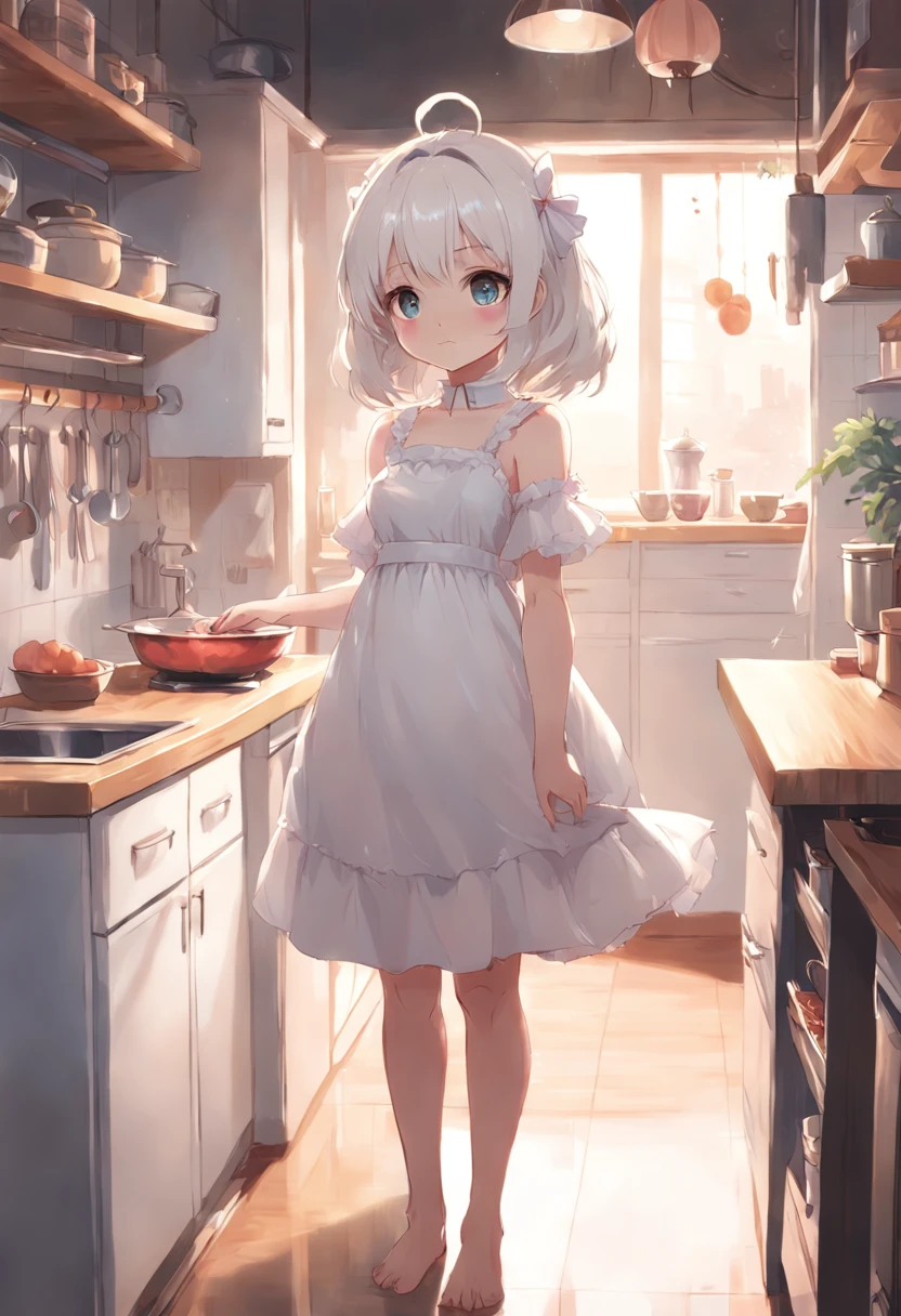Anime girl in white dress standing in kitchen with cat, loli in dress, small curvy loli, artwork in the style of guweiz, guweiz on pixiv artstation, guweiz on artstation pixiv, guweiz, small loli girl, soft anime illustration, Anime visuals of cute girls, Detailed Digital Anime Art