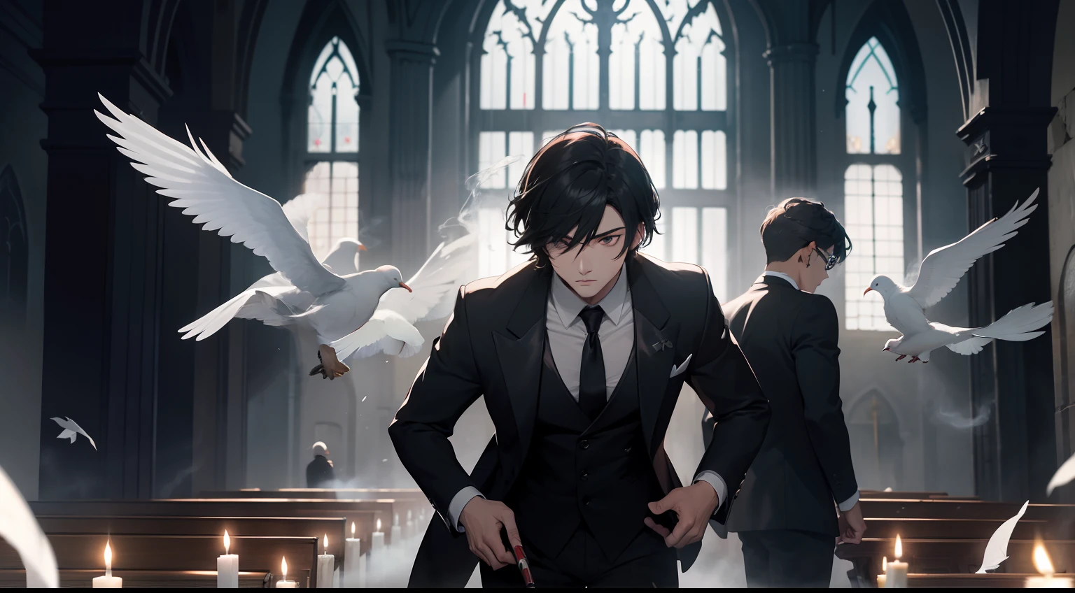 White dove flies、Dark church in ruins、Three men facing each other、Point guns at each other、Two-gun pistol、Handgun、black suits、Glass cracking、Dynamic Actions、Gun Action、Gankata、Dark hair、Lunette de soleil、Smoke a cigarette