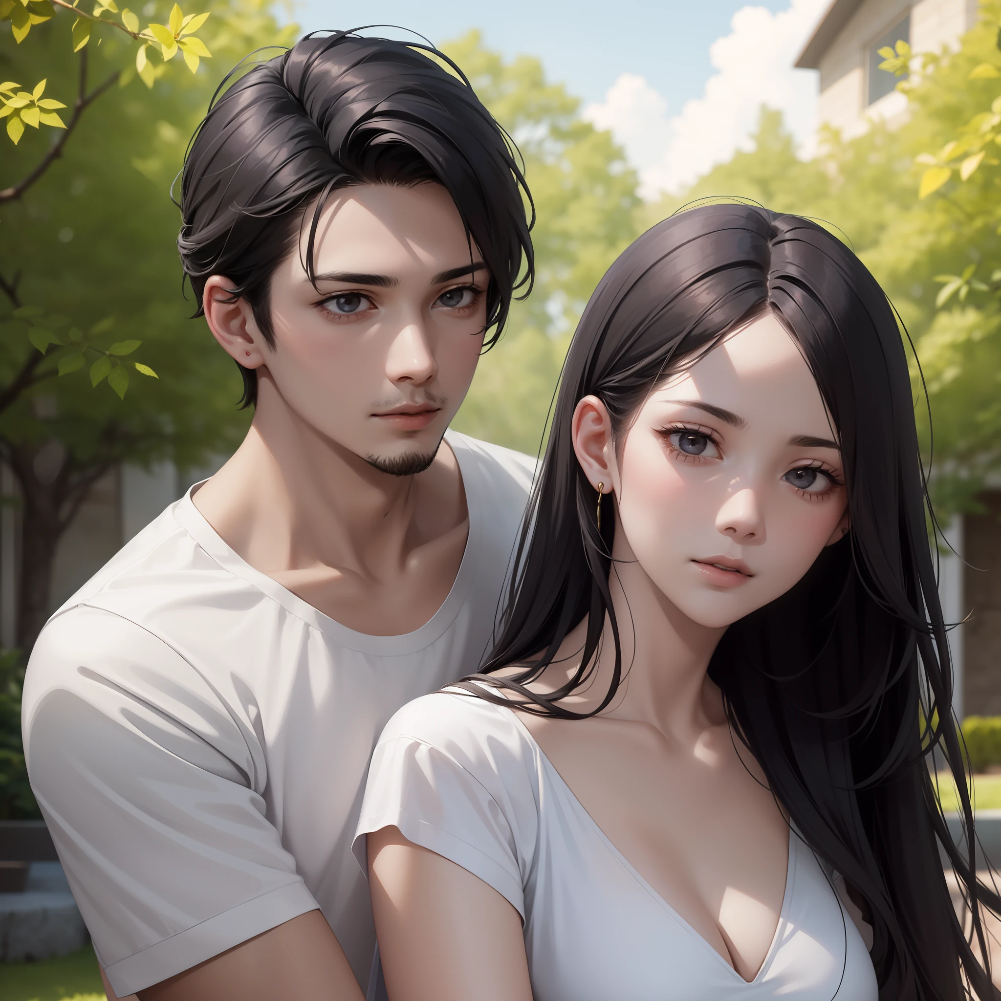 2 people, woman and man, Attractive profile picture, masterpiece, ultra-precise rendering, beautiful and cool young woman, trustworthy, dependable young woman, savior of the world, simple design, most beautiful image, 4K, black hair, beautiful woman, handsome man, facial hair