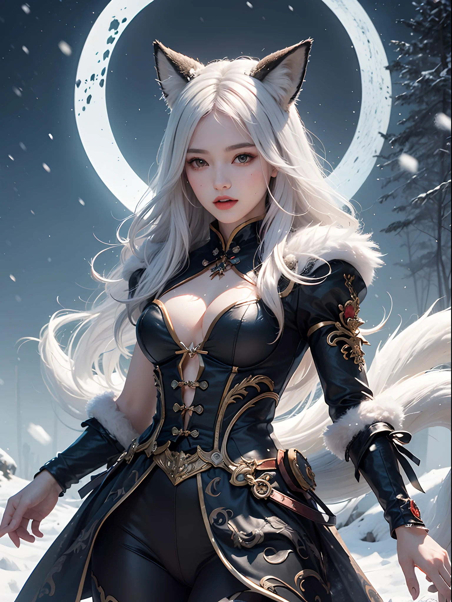 Unbeatable masterpiece, Ultra photo realsisim, Perfect artwork, Intricate details, Best quality, Strong light,High contrast, (fantasyoutfit: 1.3) , cleavage , Blush , Intricate , Detailed.Human-robotic , Solo , (Chinese style:1.4) , (Intricate metal patterns)) ,  cheerfulness , Open your mouth , 1girll , Solo , mizore((Snow-white hair:1.2)) , Long hair , Upper body ,((Half body)) , jungles , FOX Girl , FOX ears .Red eyes , high light , Night , full moon , Claw-shaped , Mountain , multitail , Nine-tailed fox ,
